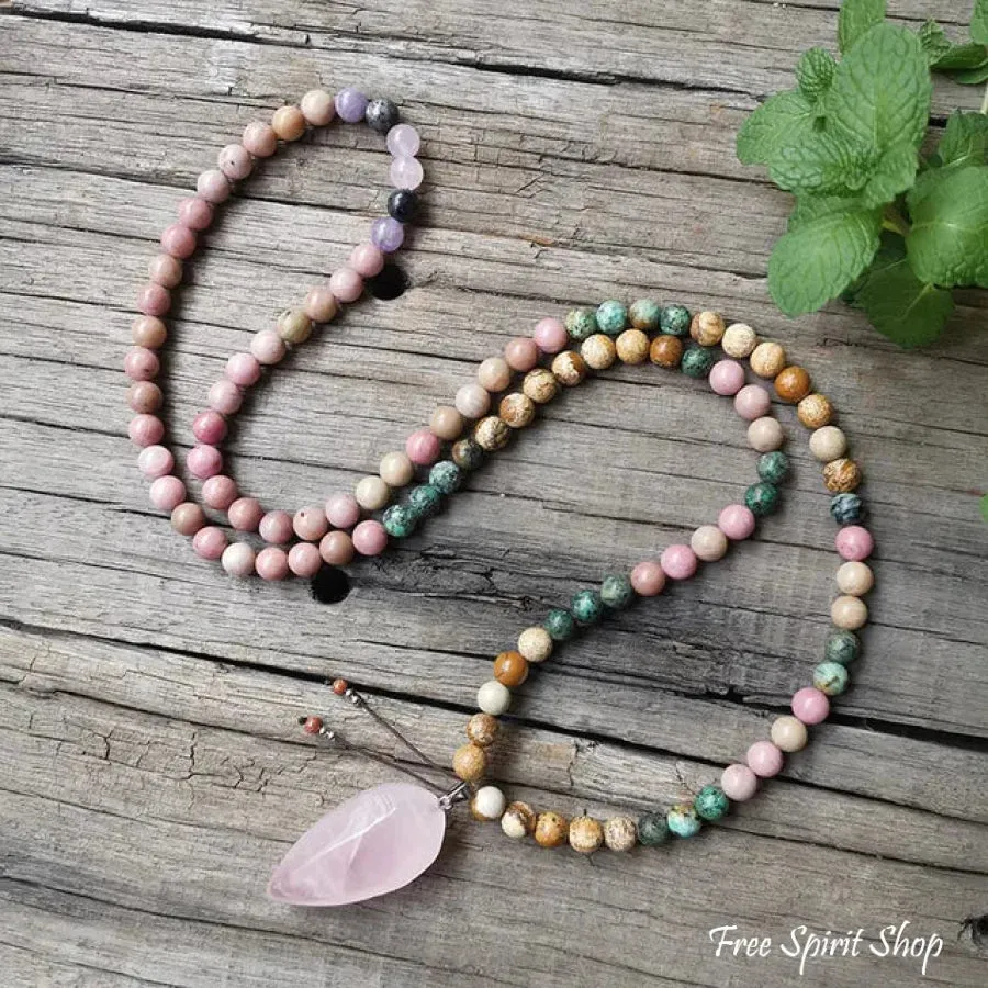 108 Natural Rhodonite African Turquoise & Rose Quartz Mala Bead Necklace