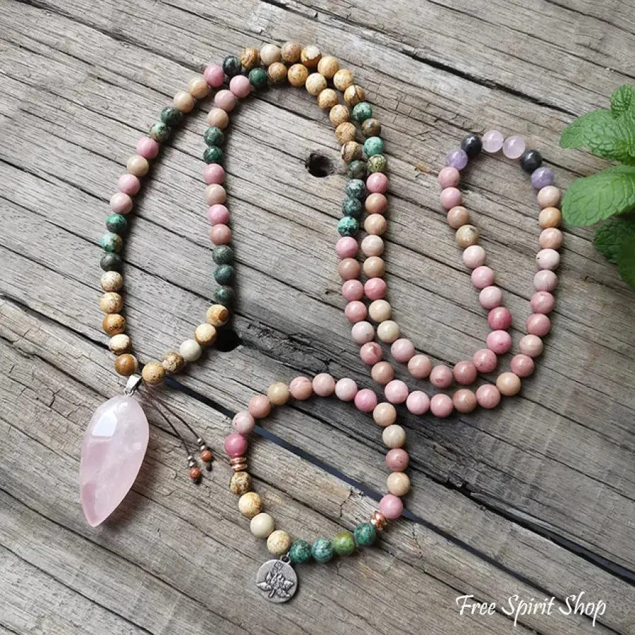 108 Natural Rhodonite African Turquoise & Rose Quartz Mala Bead Necklace