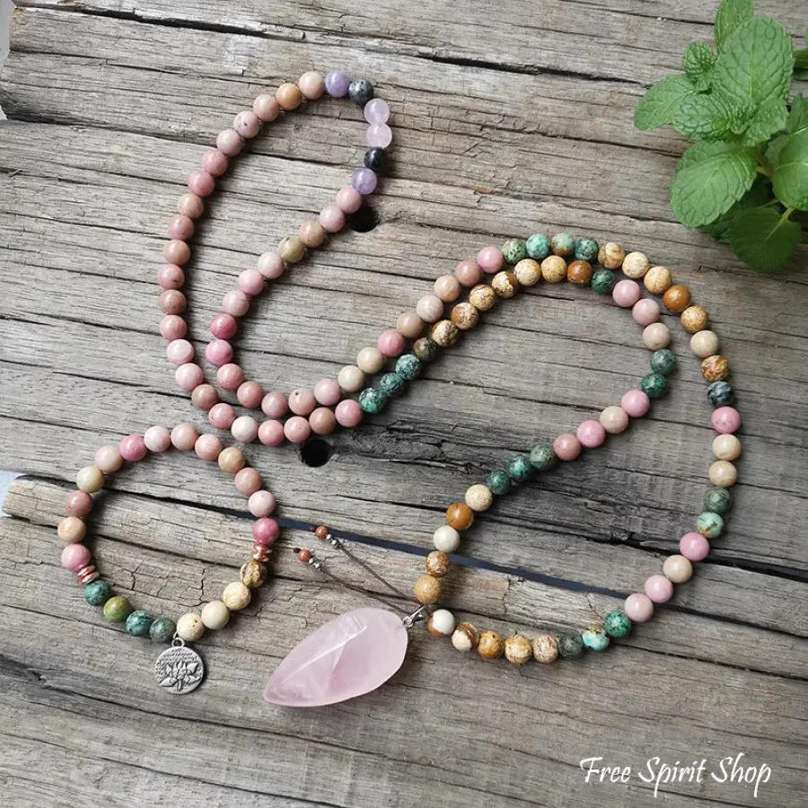 108 Natural Rhodonite African Turquoise & Rose Quartz Mala Bead Necklace