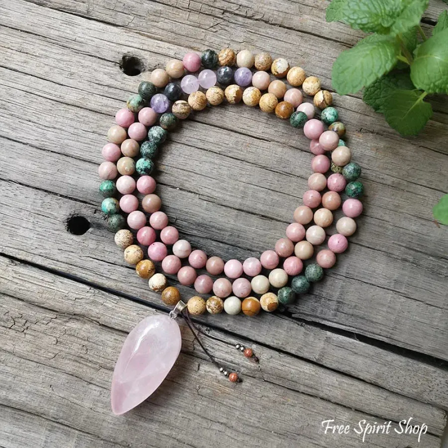 108 Natural Rhodonite African Turquoise & Rose Quartz Mala Bead Necklace