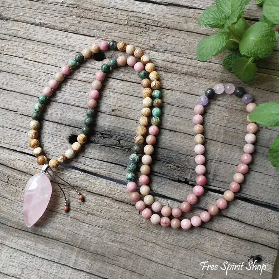 108 Natural Rhodonite African Turquoise & Rose Quartz Mala Bead Necklace