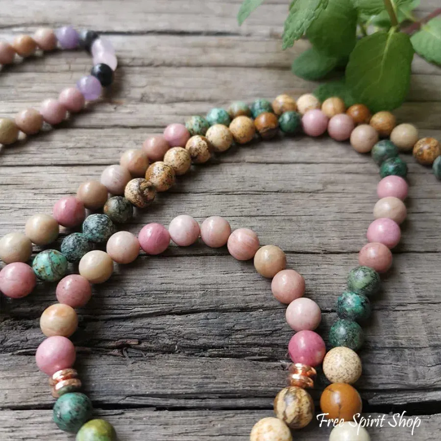 108 Natural Rhodonite African Turquoise & Rose Quartz Mala Bead Necklace