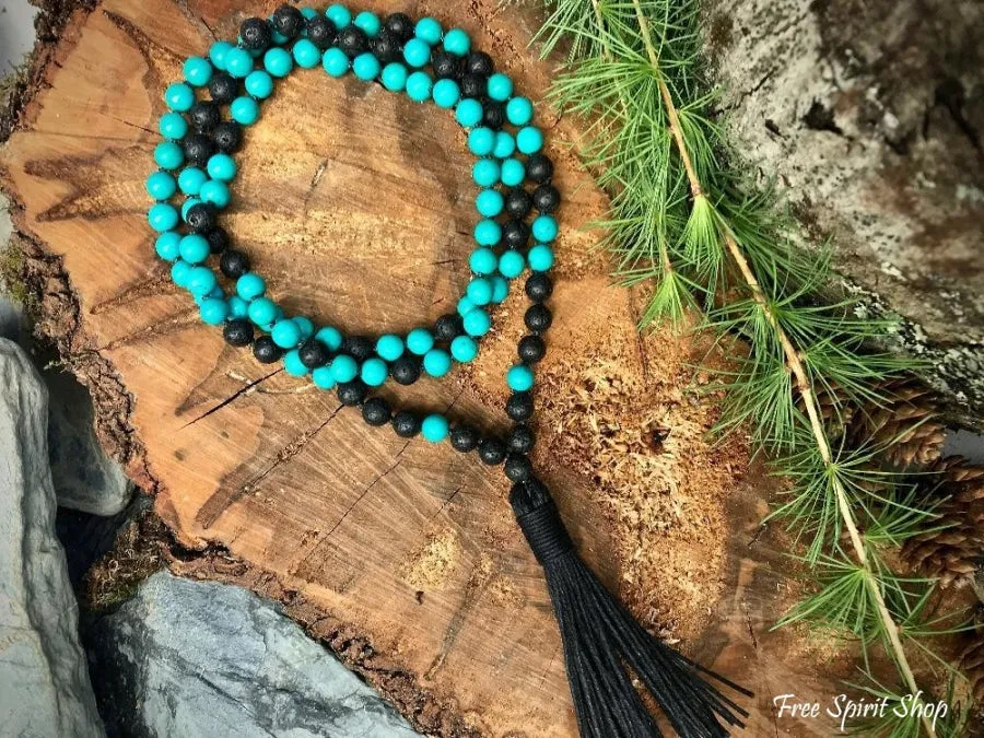 108 Natural Turquoise & Lava Stone Mala Bead Prayer Necklace