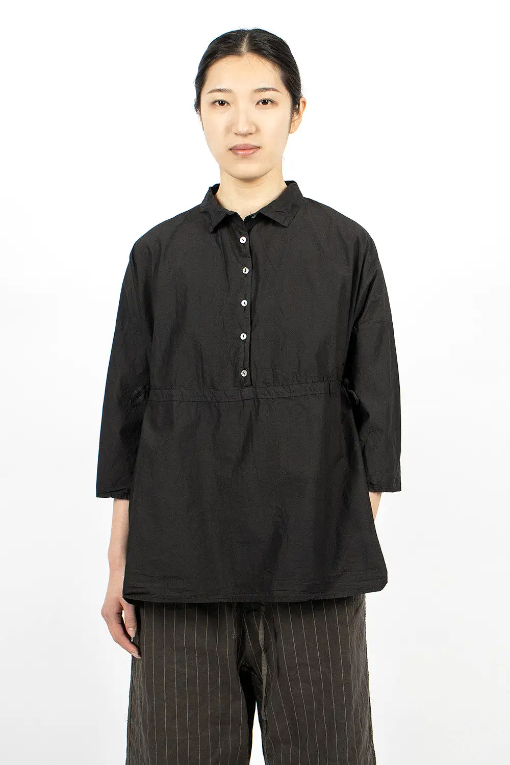 12_117 Drawstring Collar Shirt TC Black