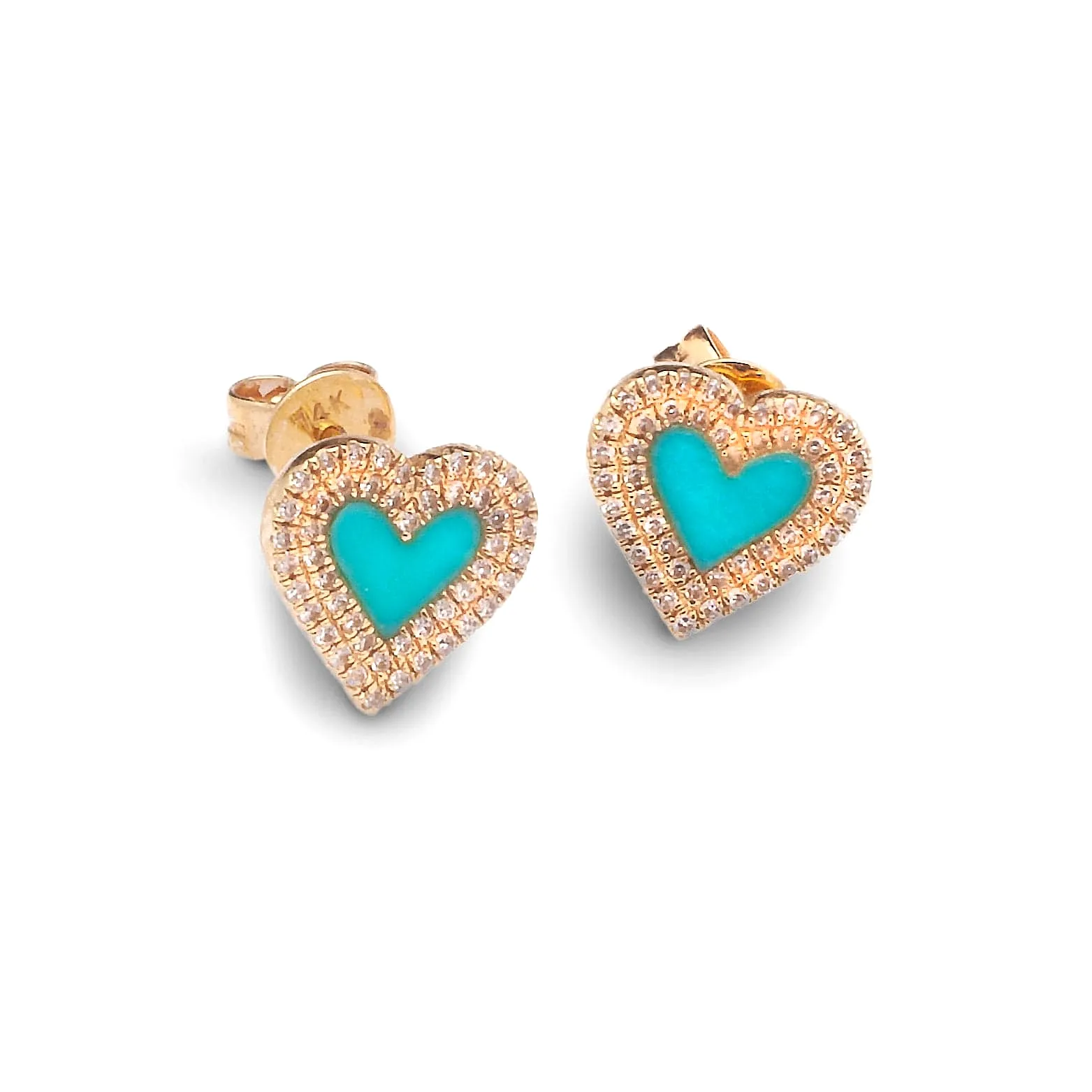 14K Gold Turquoise and Diamond Double Row Heart Stud Earrings