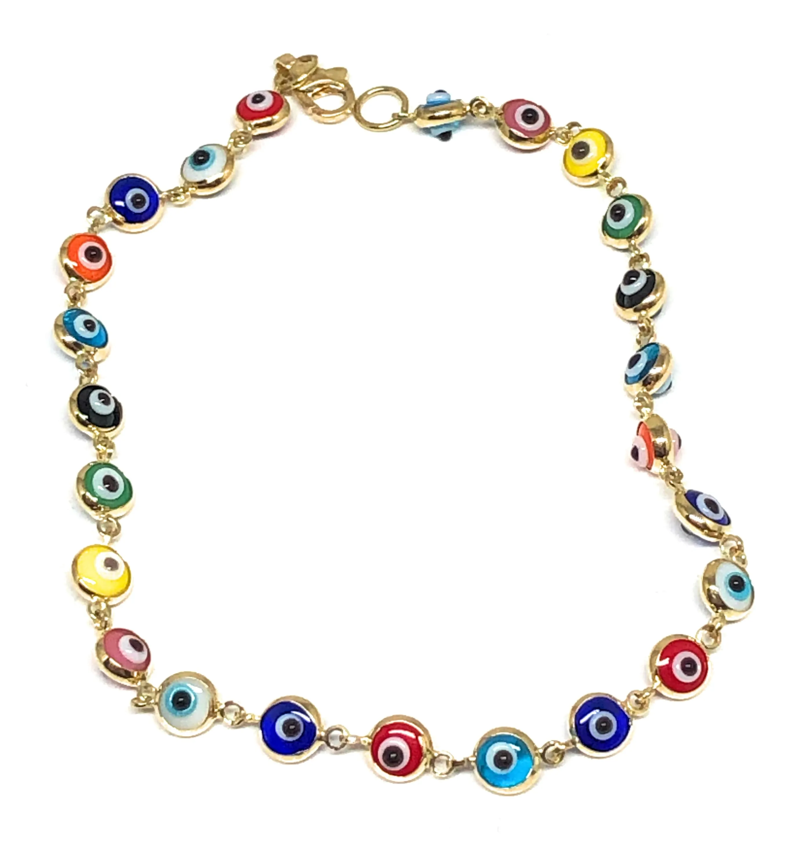 14k Solid Gold Evil Eye Brracelet 7.5 INCH 4.5MM BEADS (SM BEADS) (RED,BLUE,TURQUOISE,MULTI-COLOR)