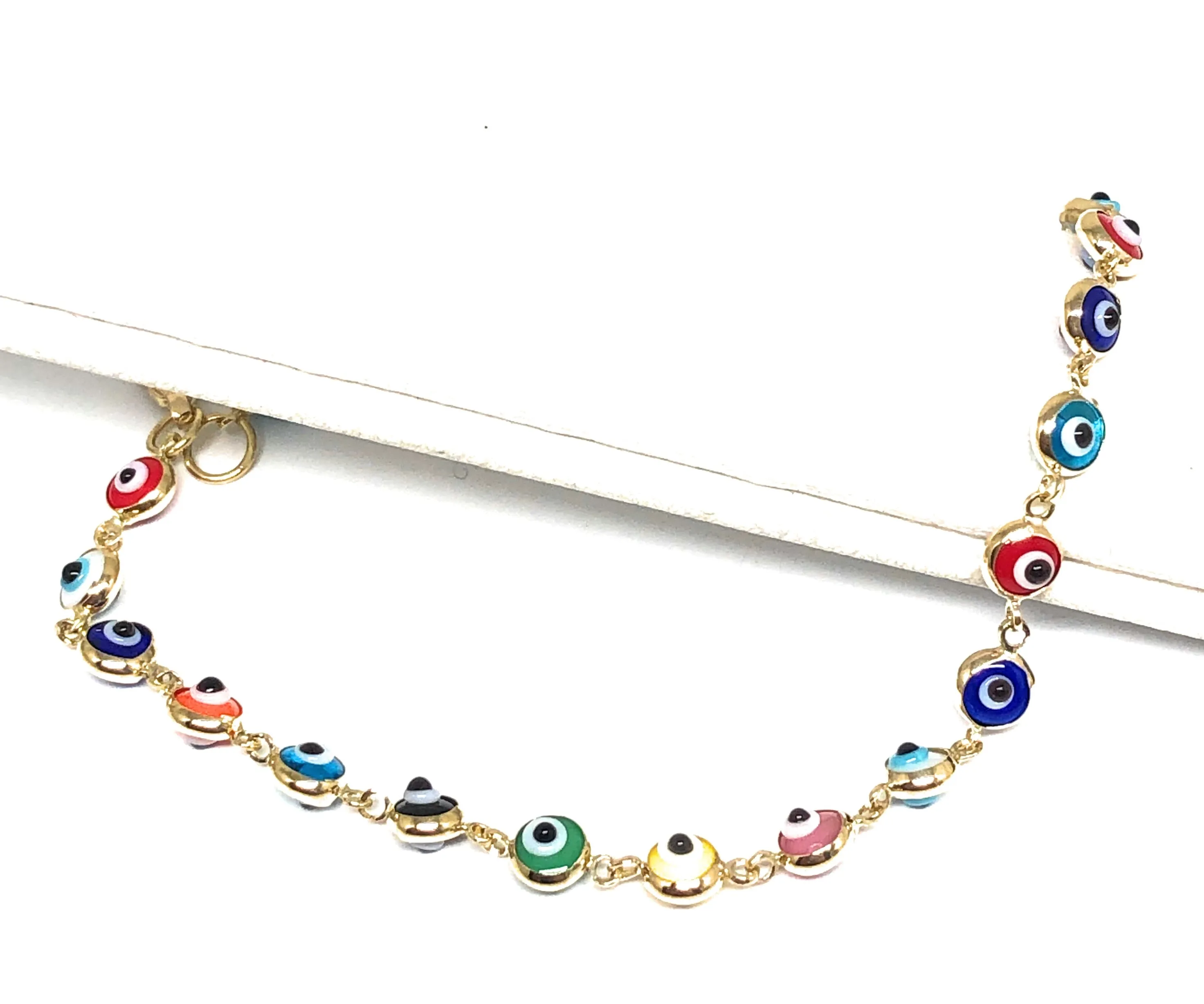 14k Solid Gold Evil Eye Brracelet 7.5 INCH 4.5MM BEADS (SM BEADS) (RED,BLUE,TURQUOISE,MULTI-COLOR)