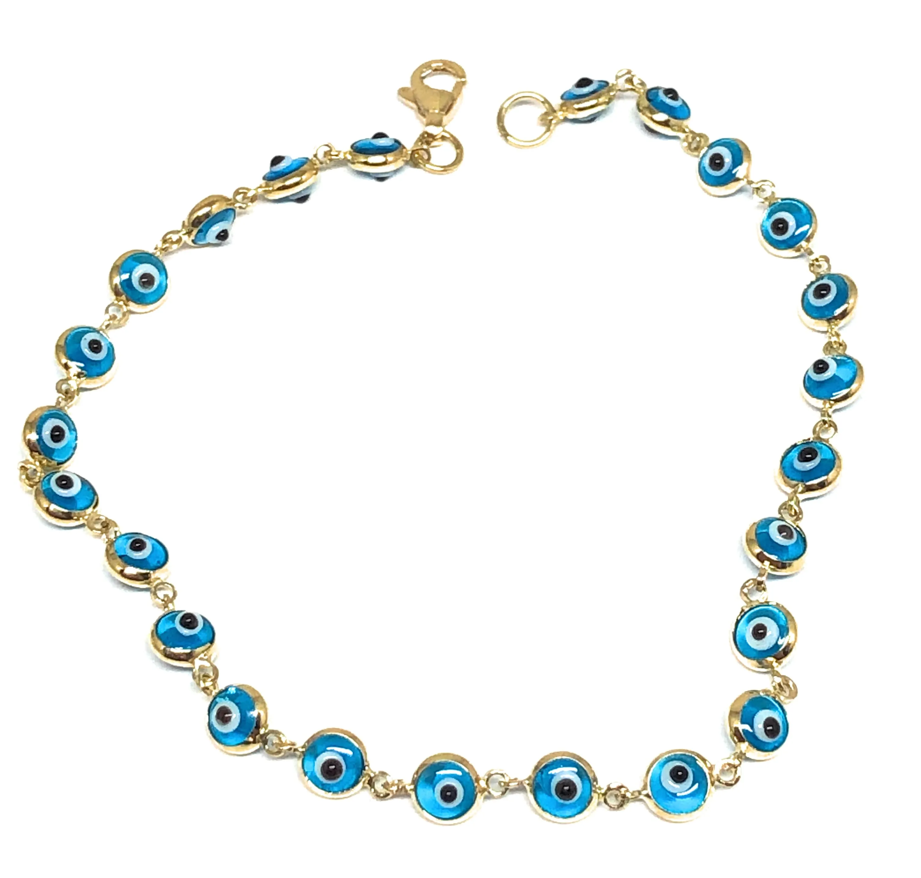 14k Solid Gold Evil Eye Brracelet 7.5 INCH 4.5MM BEADS (SM BEADS) (RED,BLUE,TURQUOISE,MULTI-COLOR)