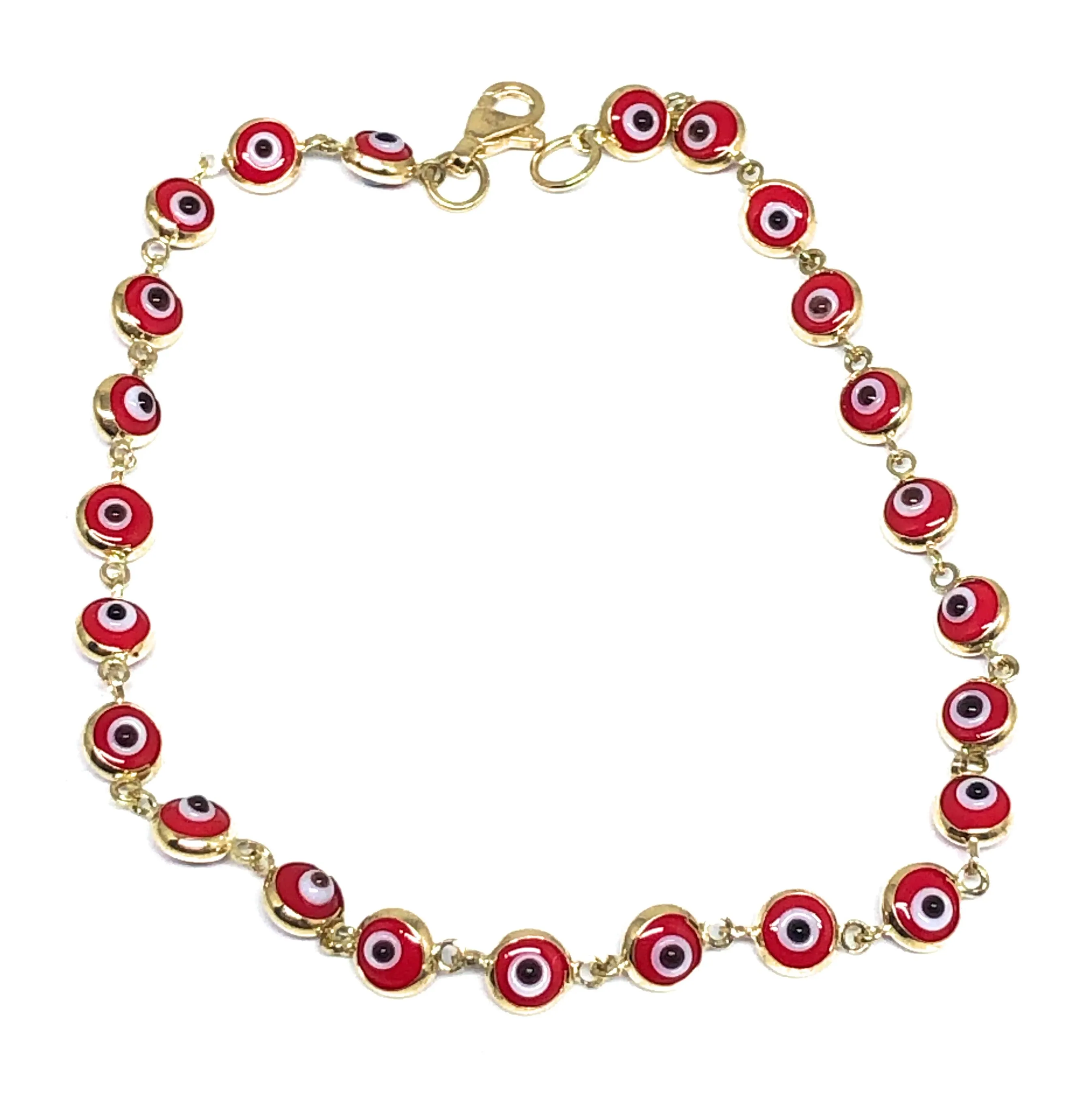 14k Solid Gold Evil Eye Brracelet 7.5 INCH 4.5MM BEADS (SM BEADS) (RED,BLUE,TURQUOISE,MULTI-COLOR)