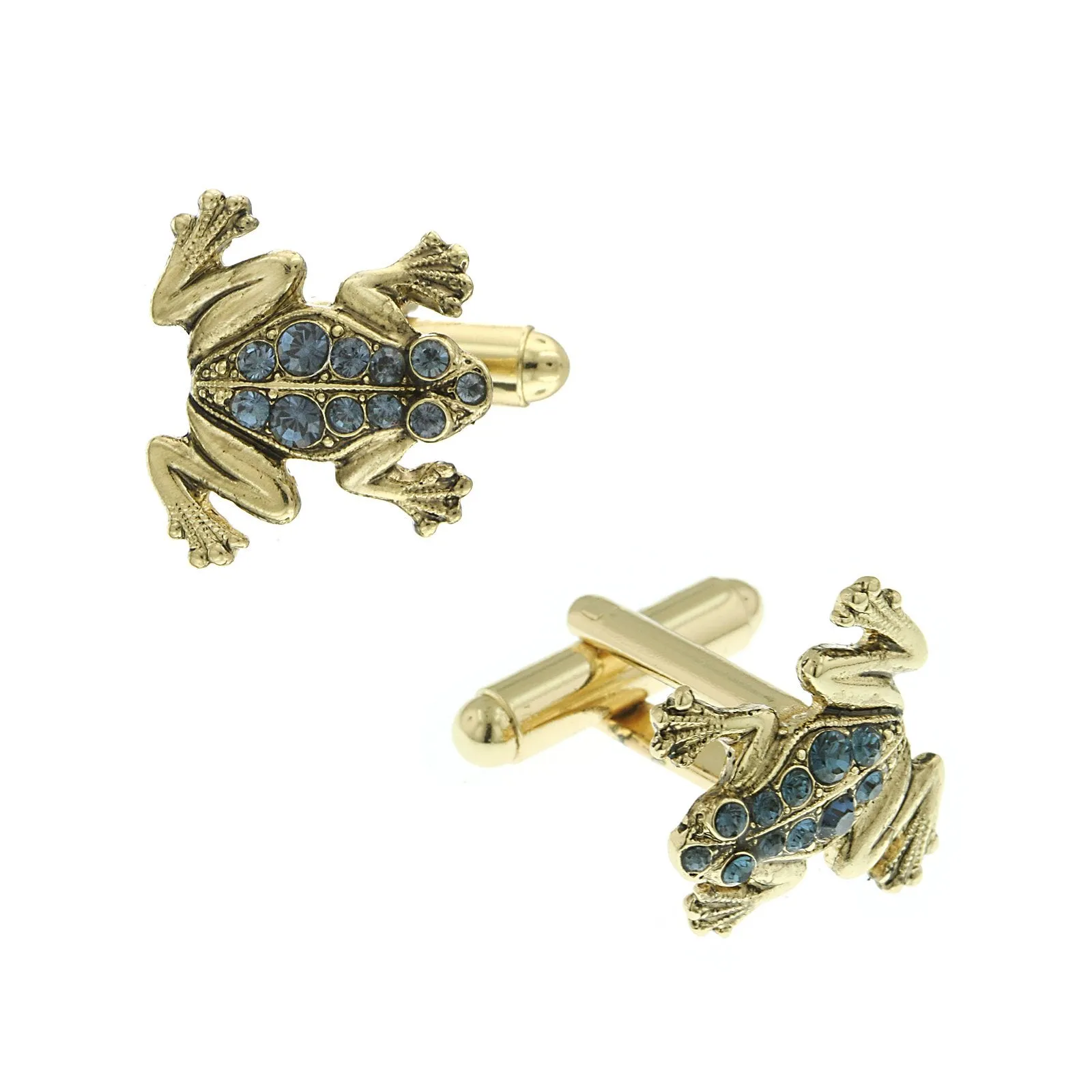 1928 Jewelry 14K Gold Dipped Blue Crystal Frog Cufflinks