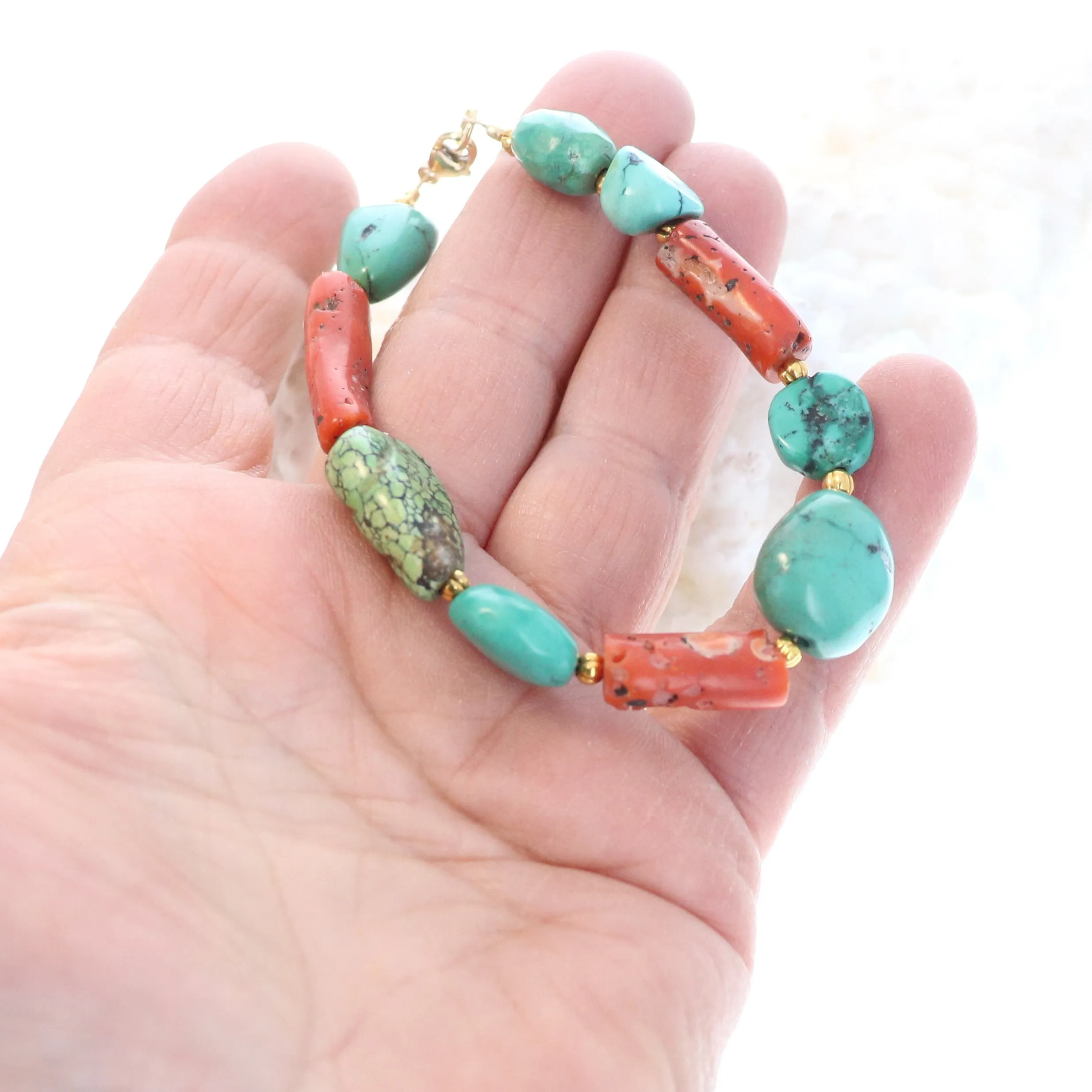 Antique Tibetan Turquoise with Coral Aand 18K Gold Bracelet #2