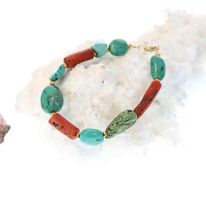 Antique Tibetan Turquoise with Coral Aand 18K Gold Bracelet #2