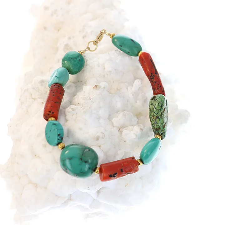 Antique Tibetan Turquoise with Coral Aand 18K Gold Bracelet #2