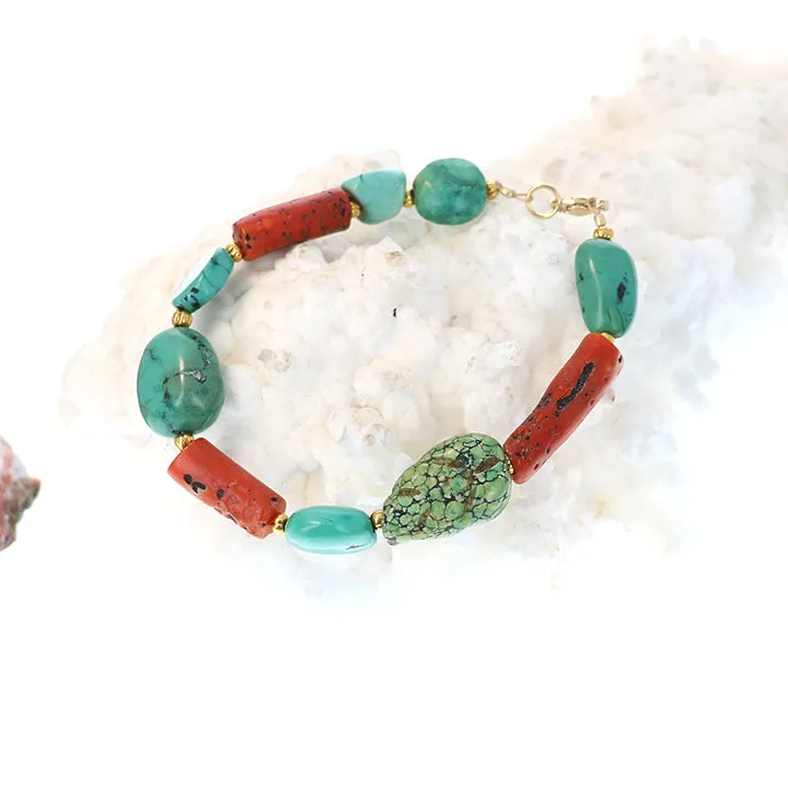 Antique Tibetan Turquoise with Coral Aand 18K Gold Bracelet #2