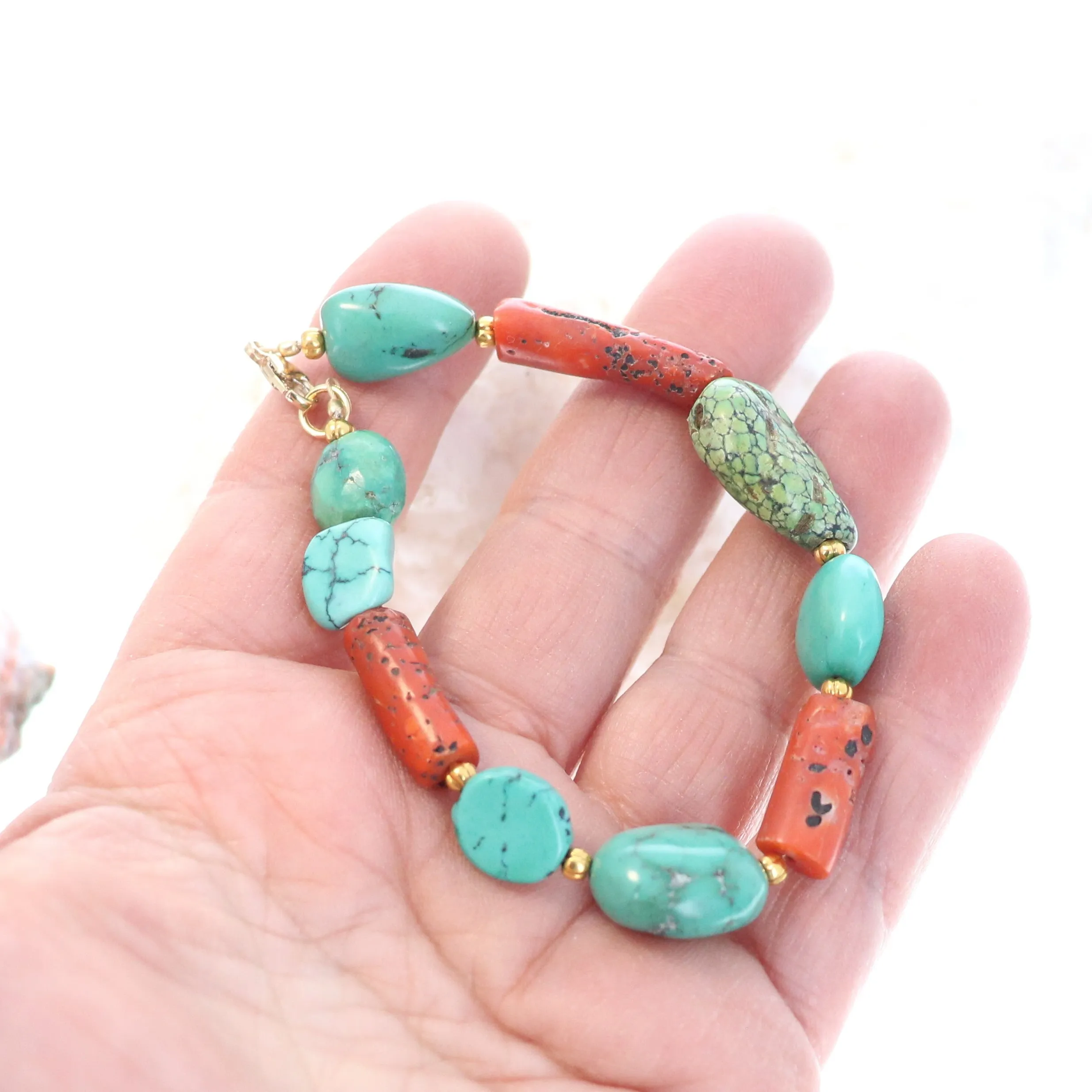 Antique Tibetan Turquoise with Coral Aand 18K Gold Bracelet #2