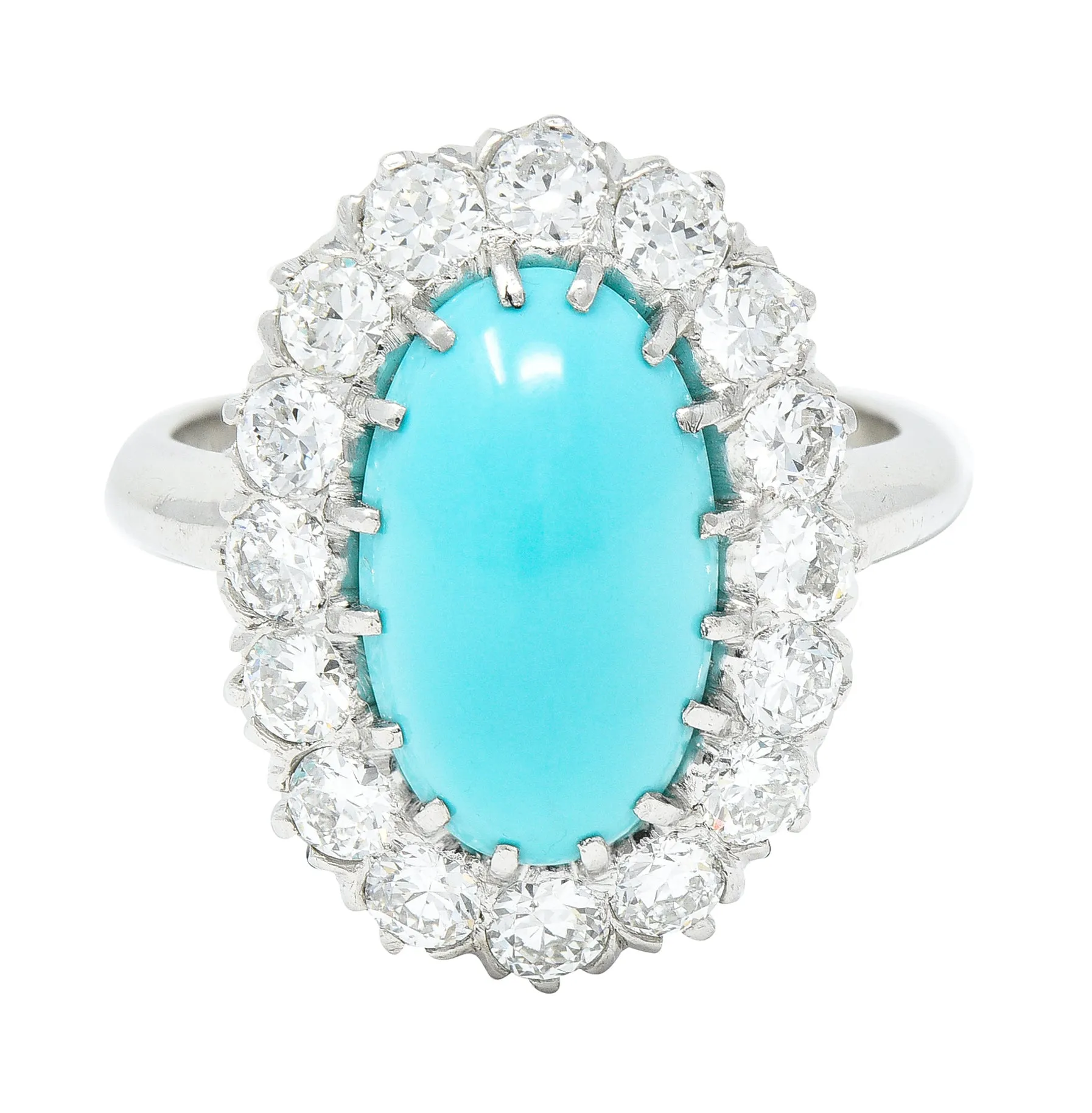 Art Deco 1.12 CTW Turquoise Cabochon Transitional Cut Diamond Platinum Vintage Halo Ring