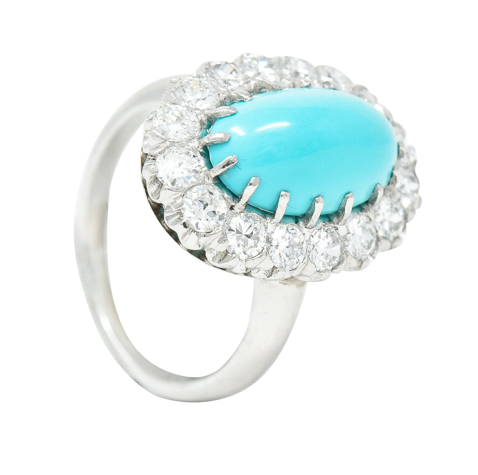 Art Deco 1.12 CTW Turquoise Cabochon Transitional Cut Diamond Platinum Vintage Halo Ring