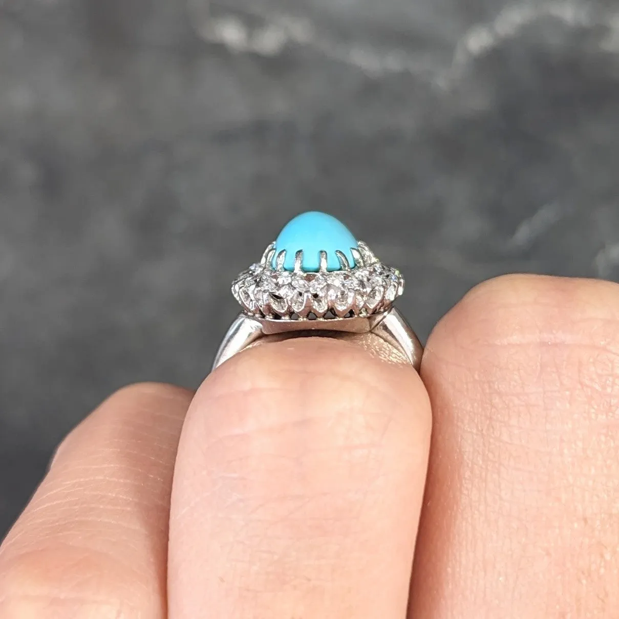 Art Deco 1.12 CTW Turquoise Cabochon Transitional Cut Diamond Platinum Vintage Halo Ring