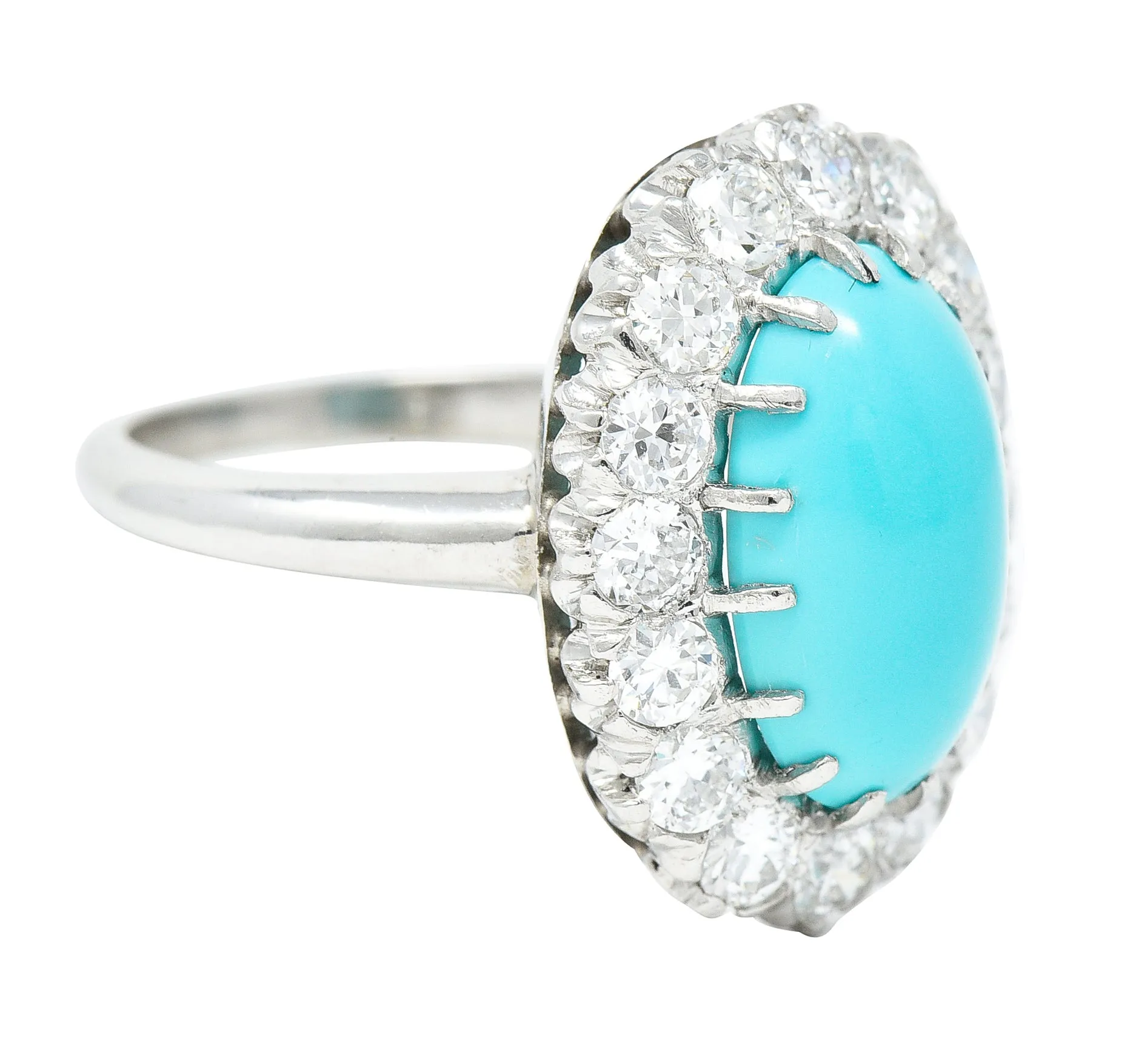 Art Deco 1.12 CTW Turquoise Cabochon Transitional Cut Diamond Platinum Vintage Halo Ring