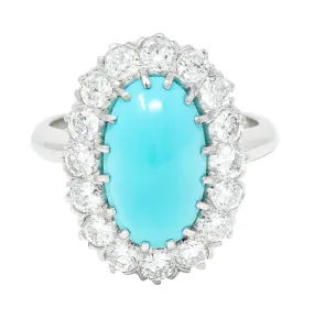 Art Deco 1.12 CTW Turquoise Cabochon Transitional Cut Diamond Platinum Vintage Halo Ring