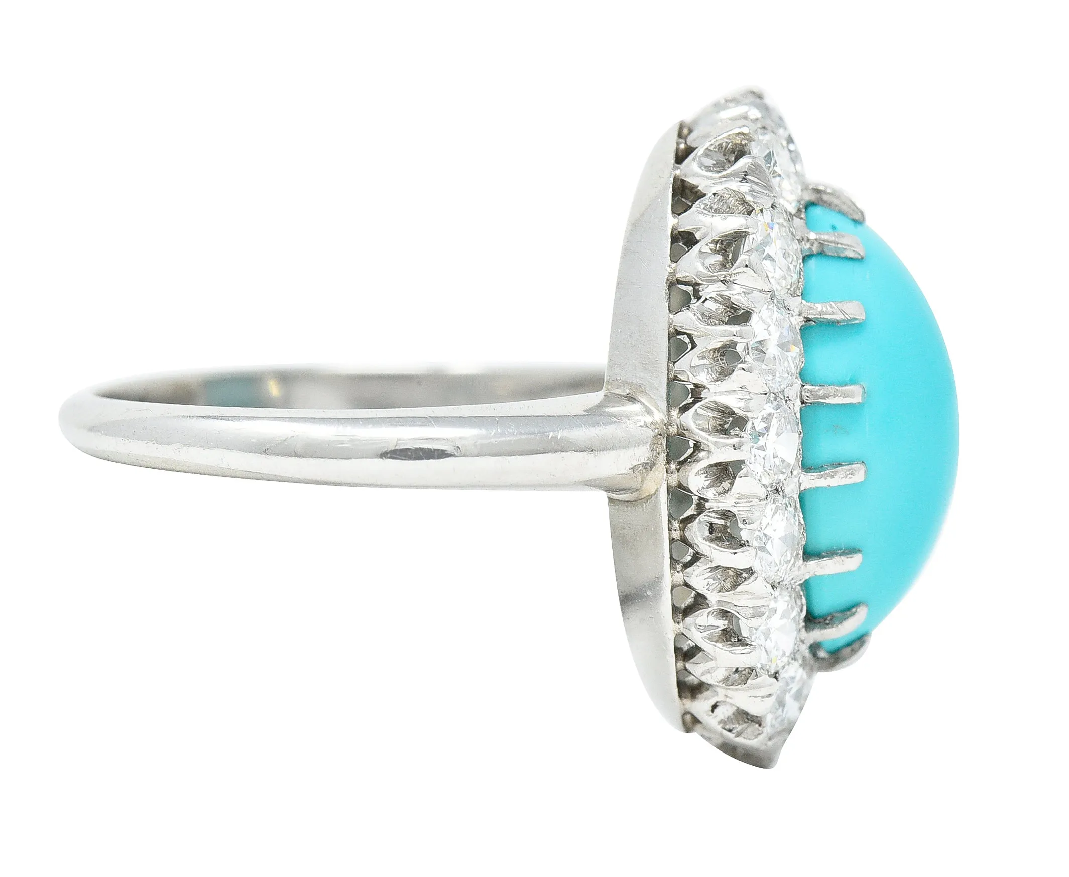 Art Deco 1.12 CTW Turquoise Cabochon Transitional Cut Diamond Platinum Vintage Halo Ring