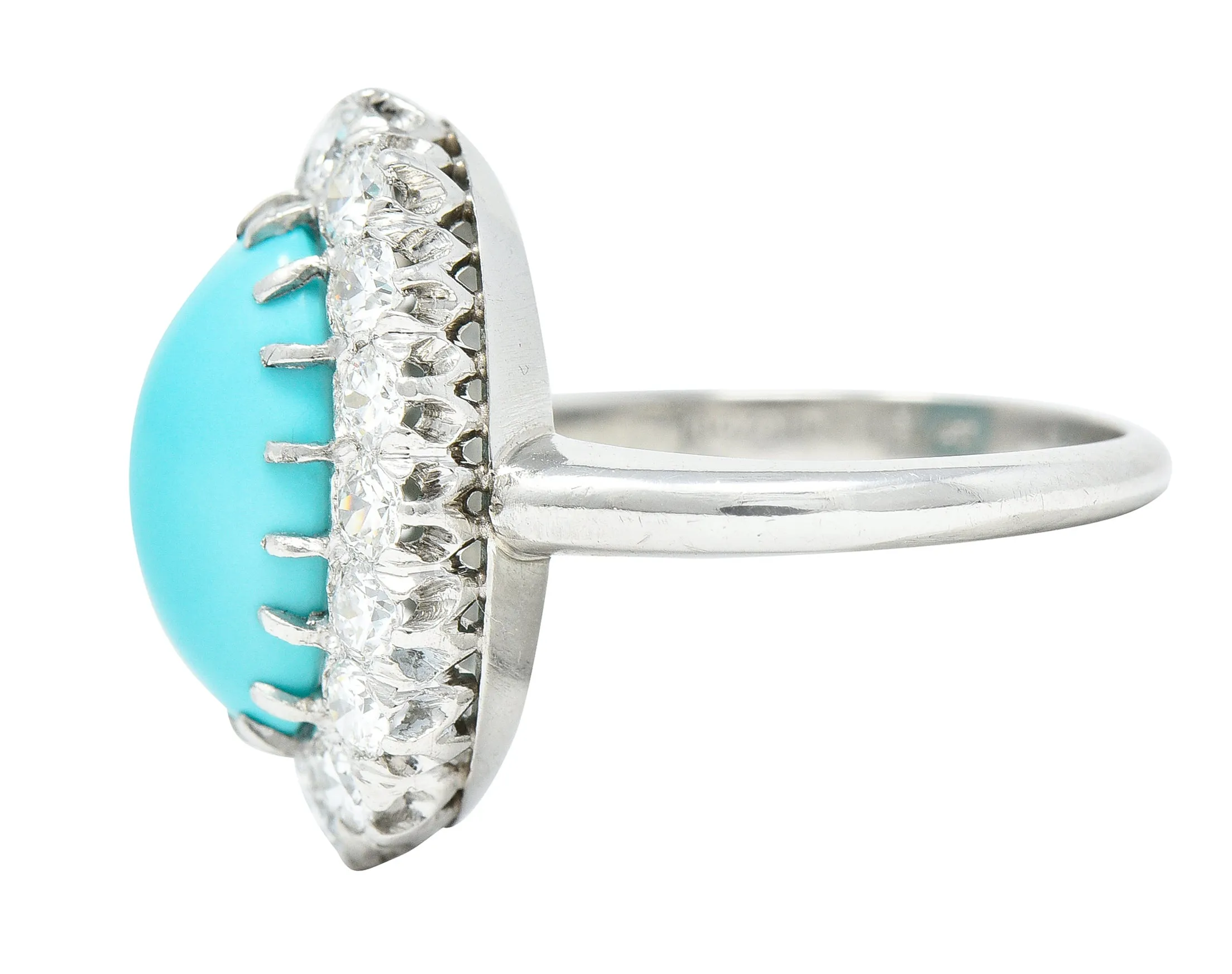 Art Deco 1.12 CTW Turquoise Cabochon Transitional Cut Diamond Platinum Vintage Halo Ring