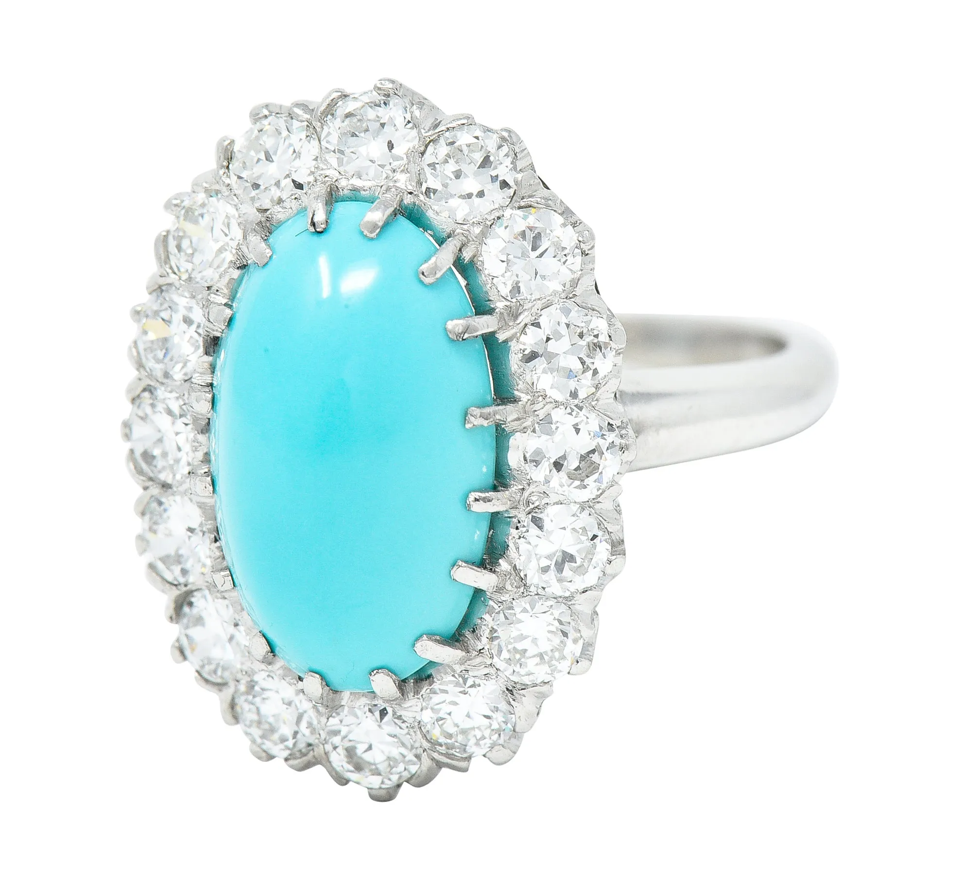 Art Deco 1.12 CTW Turquoise Cabochon Transitional Cut Diamond Platinum Vintage Halo Ring