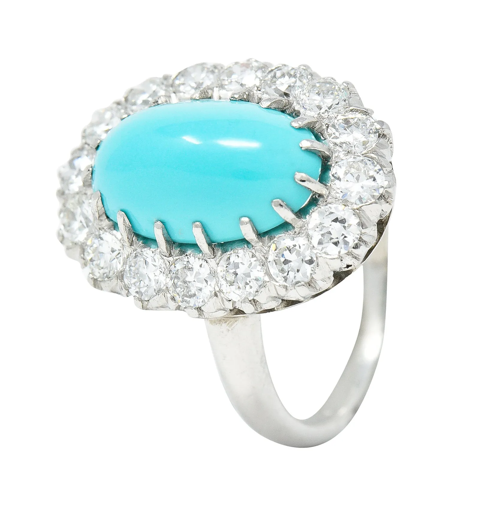 Art Deco 1.12 CTW Turquoise Cabochon Transitional Cut Diamond Platinum Vintage Halo Ring