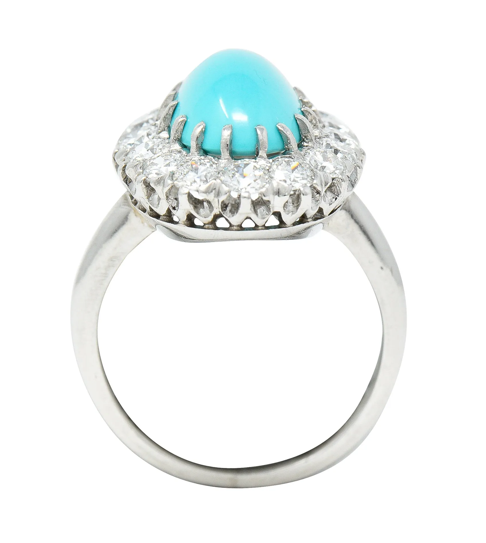 Art Deco 1.12 CTW Turquoise Cabochon Transitional Cut Diamond Platinum Vintage Halo Ring