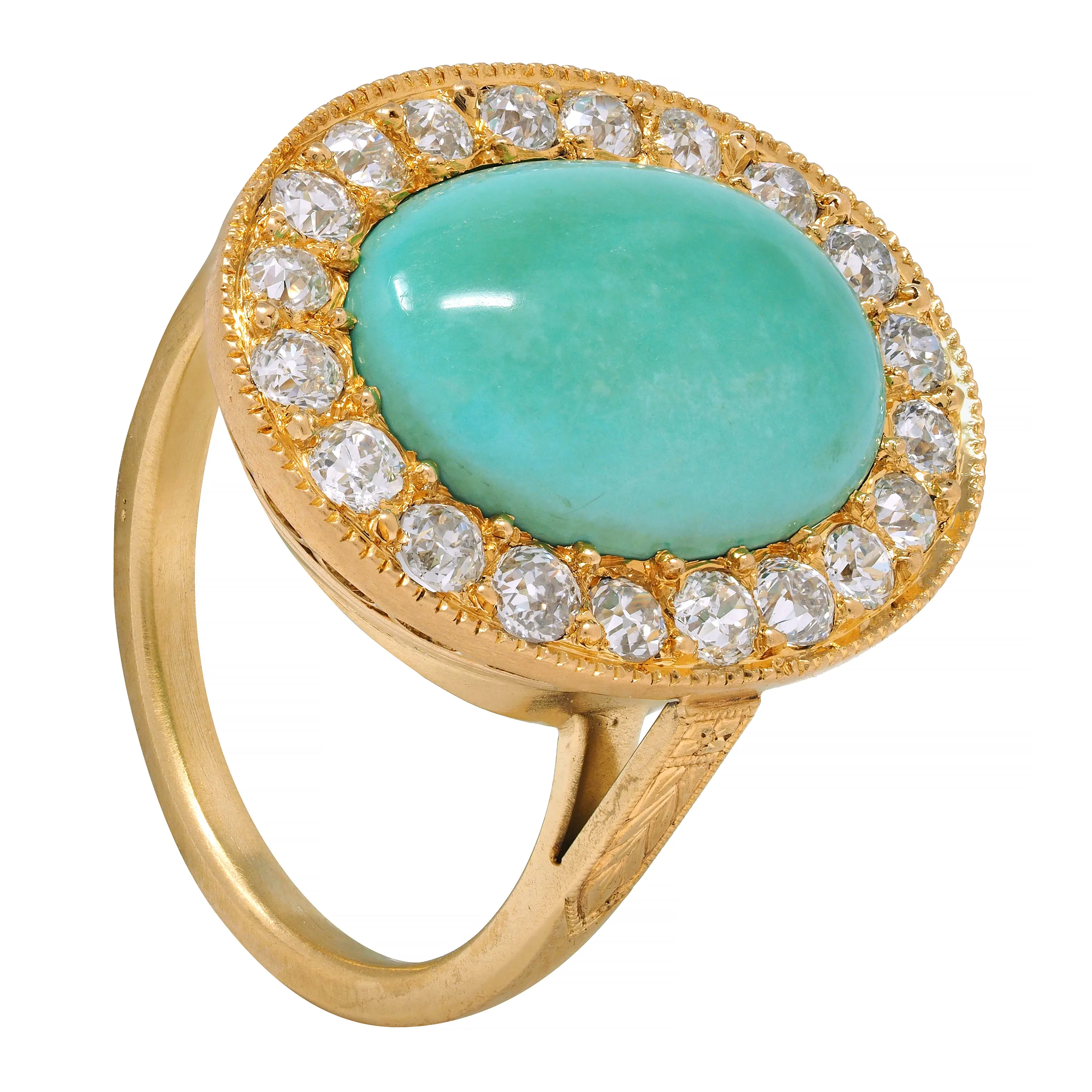 Art Deco Diamond Turquoise Cabochon 14 Karat Gold Vintage Cluster Halo Ring