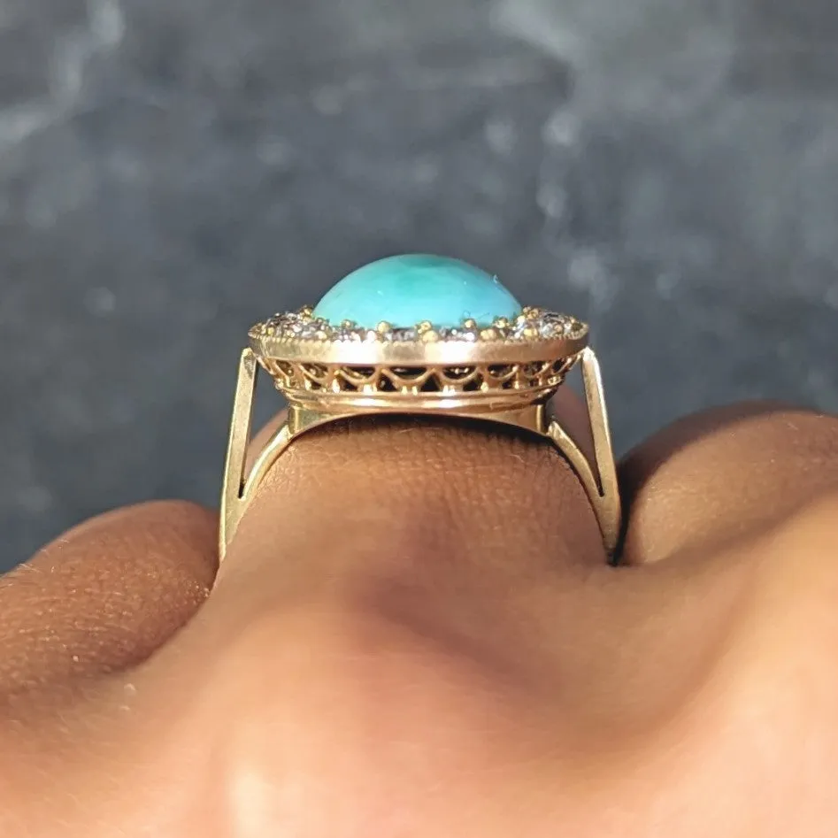 Art Deco Diamond Turquoise Cabochon 14 Karat Gold Vintage Cluster Halo Ring