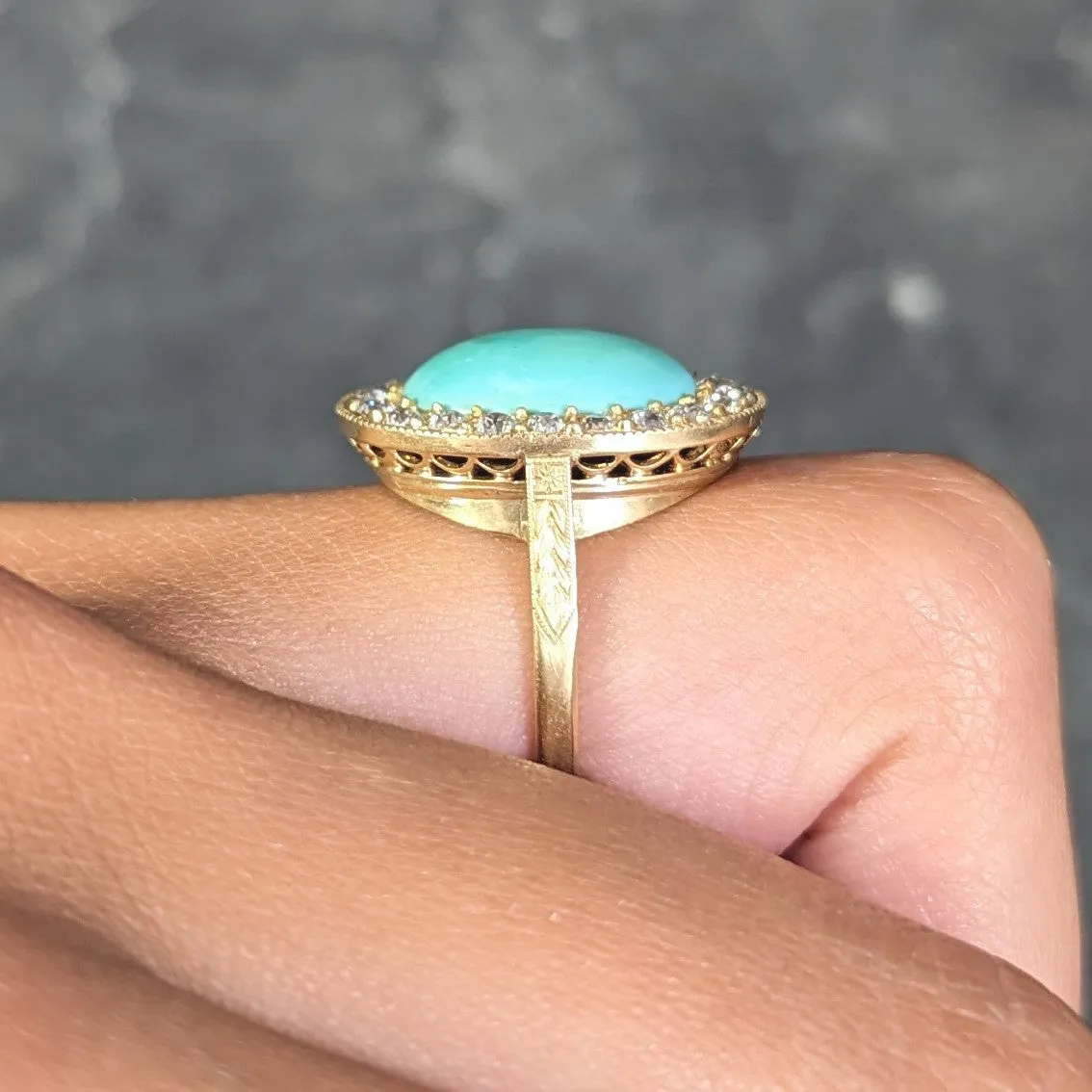 Art Deco Diamond Turquoise Cabochon 14 Karat Gold Vintage Cluster Halo Ring