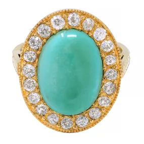 Art Deco Diamond Turquoise Cabochon 14 Karat Gold Vintage Cluster Halo Ring