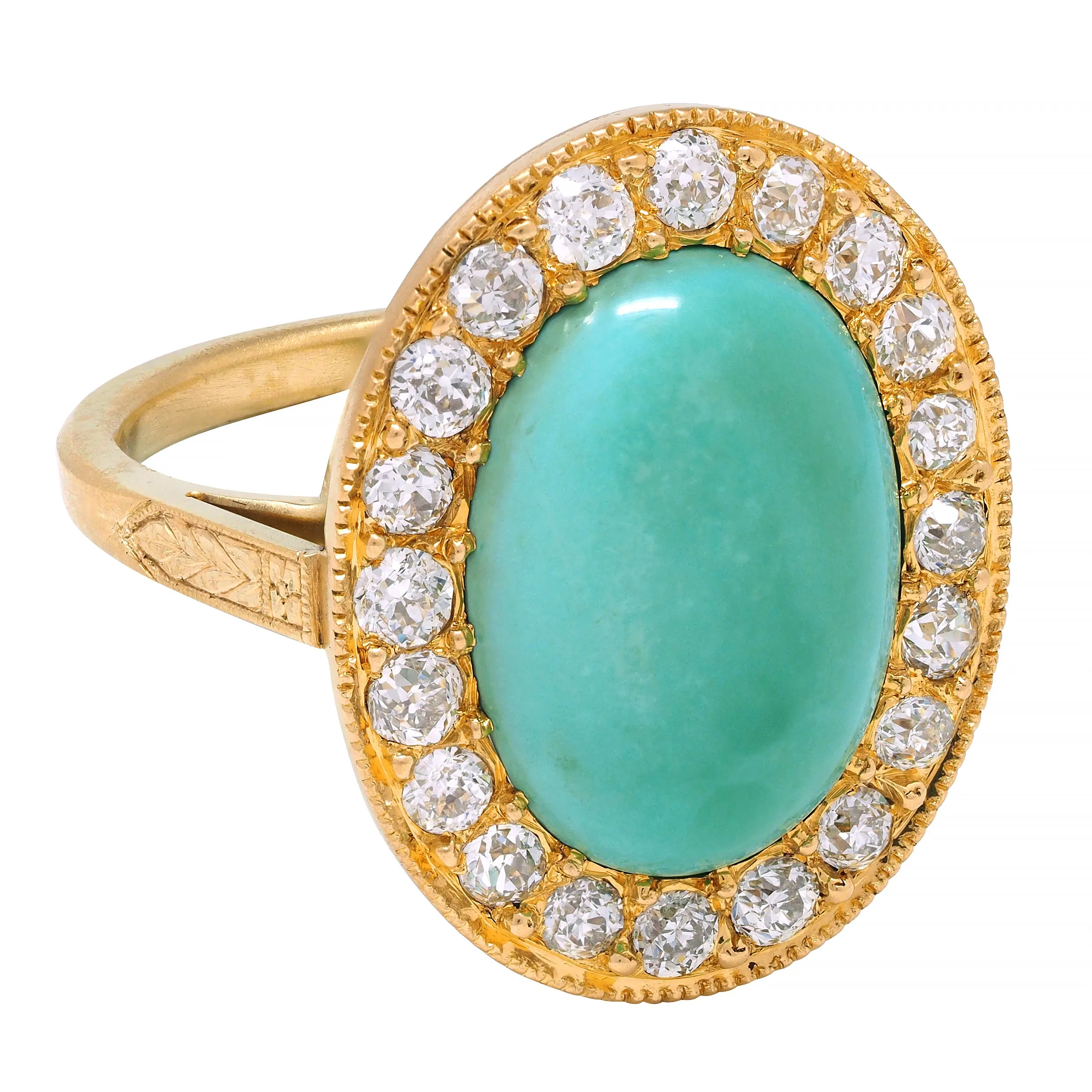 Art Deco Diamond Turquoise Cabochon 14 Karat Gold Vintage Cluster Halo Ring