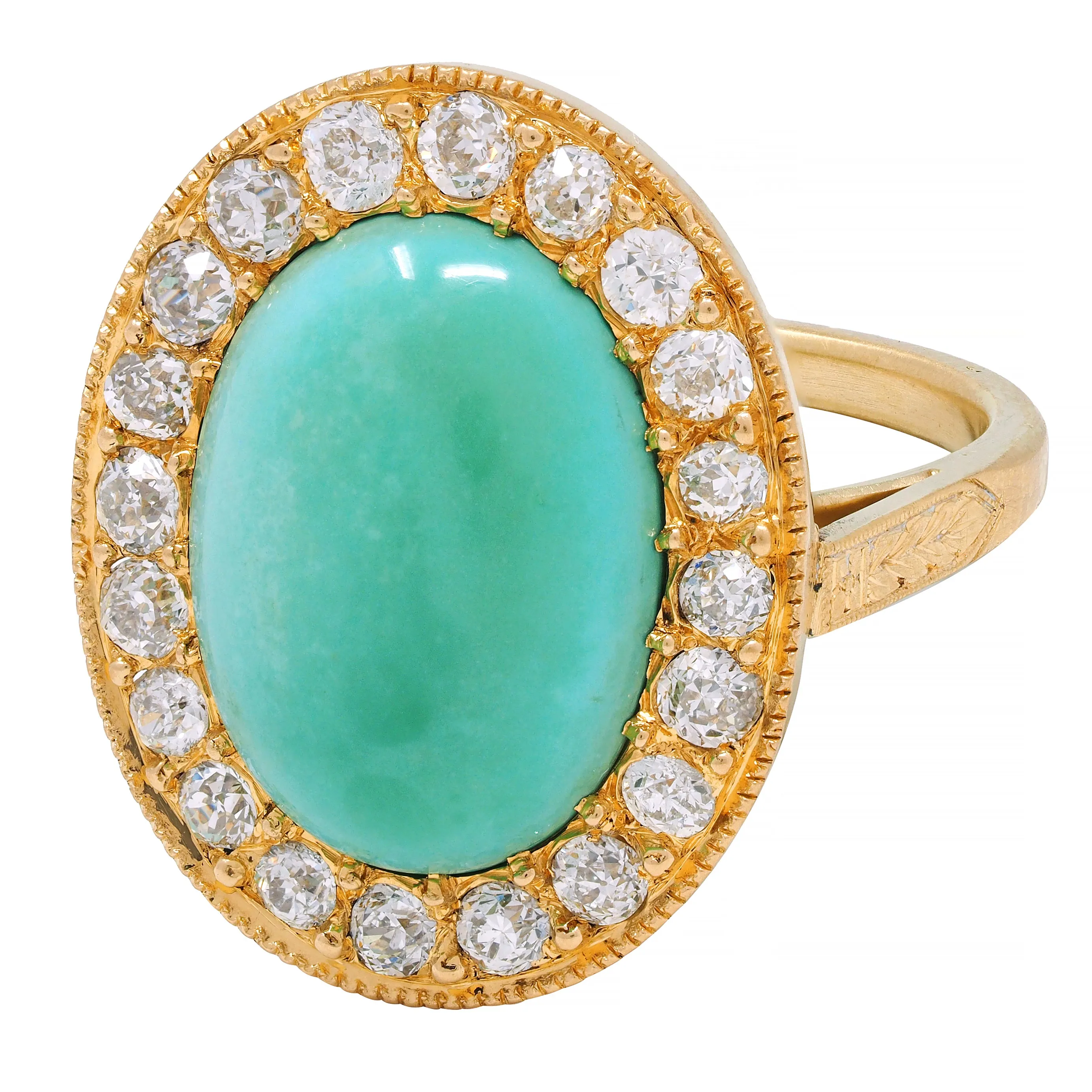 Art Deco Diamond Turquoise Cabochon 14 Karat Gold Vintage Cluster Halo Ring