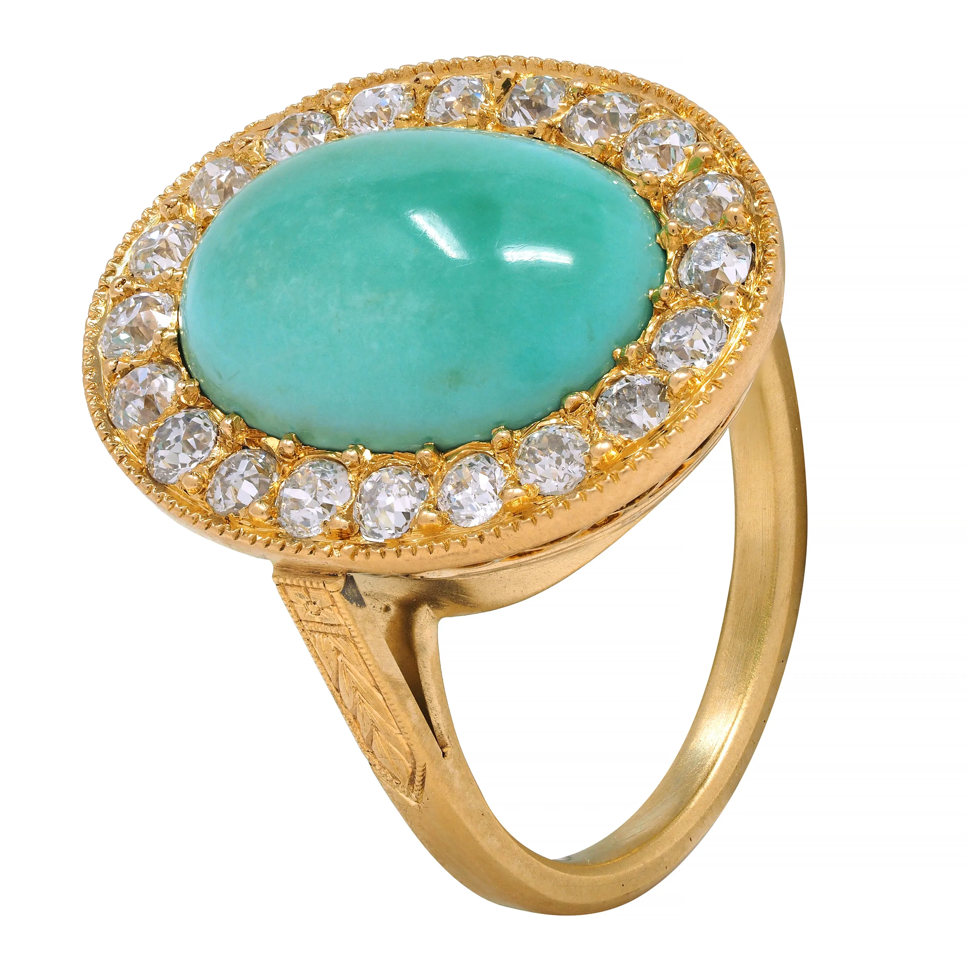 Art Deco Diamond Turquoise Cabochon 14 Karat Gold Vintage Cluster Halo Ring