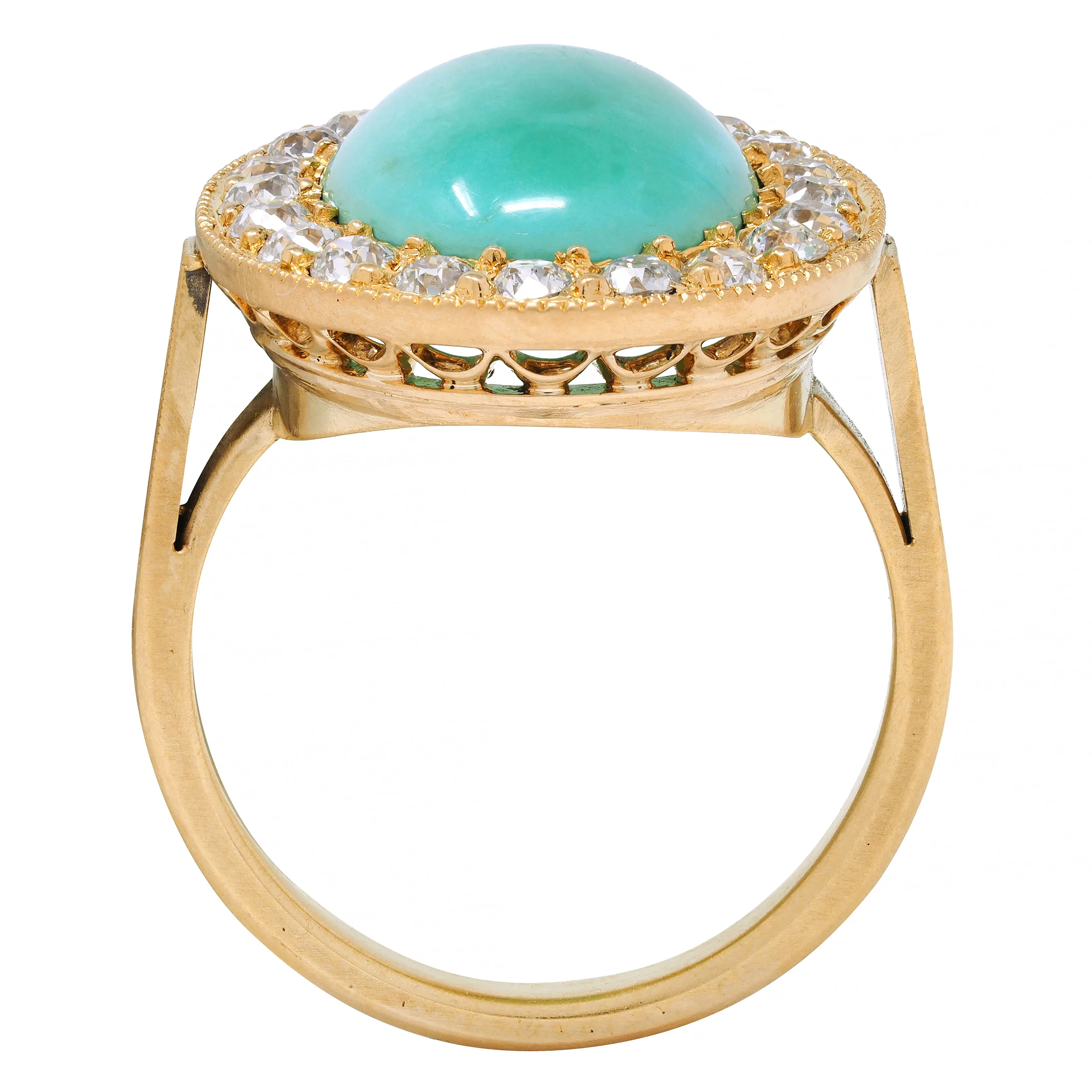 Art Deco Diamond Turquoise Cabochon 14 Karat Gold Vintage Cluster Halo Ring