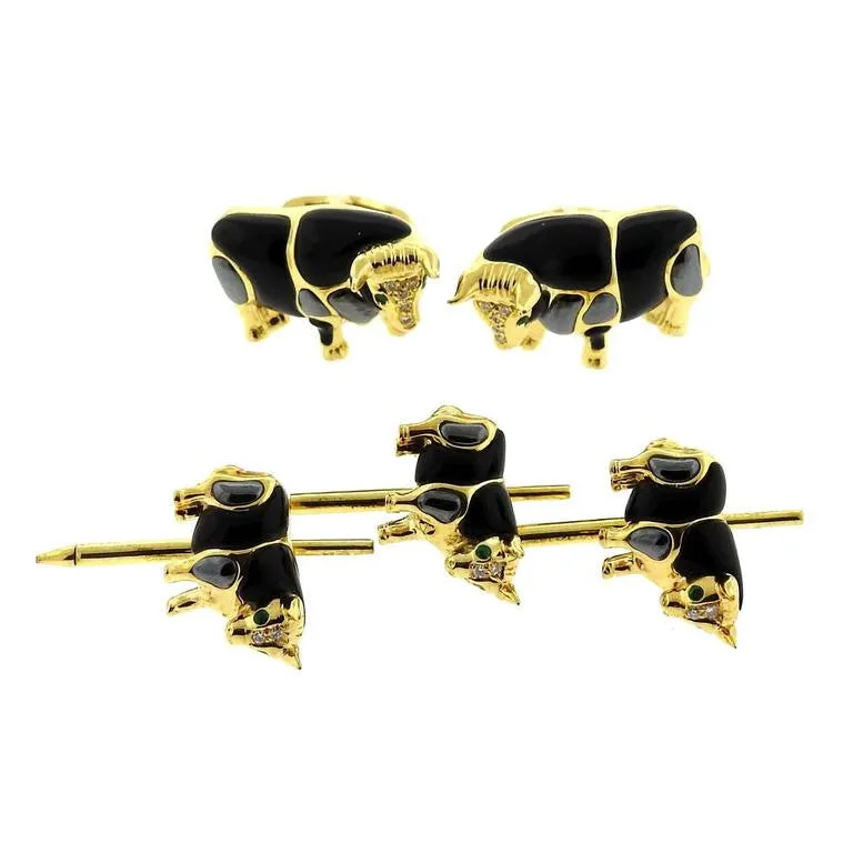 Asch Grossbardt Gold Gemstone Diamond Bull Cufflinks Stud Set