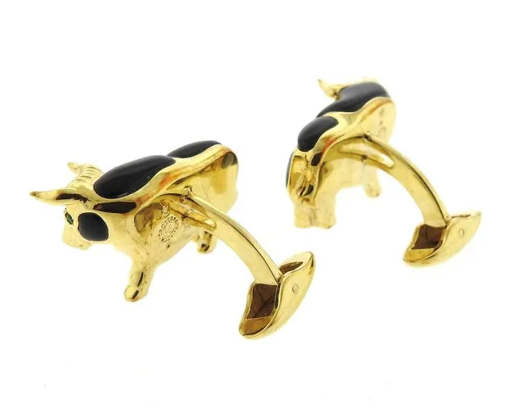 Asch Grossbardt Gold Gemstone Diamond Bull Cufflinks Stud Set