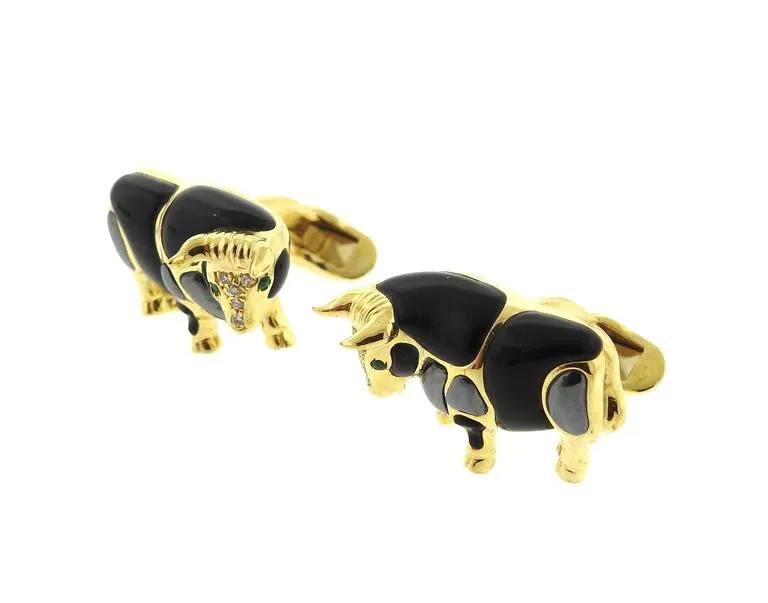 Asch Grossbardt Gold Gemstone Diamond Bull Cufflinks Stud Set