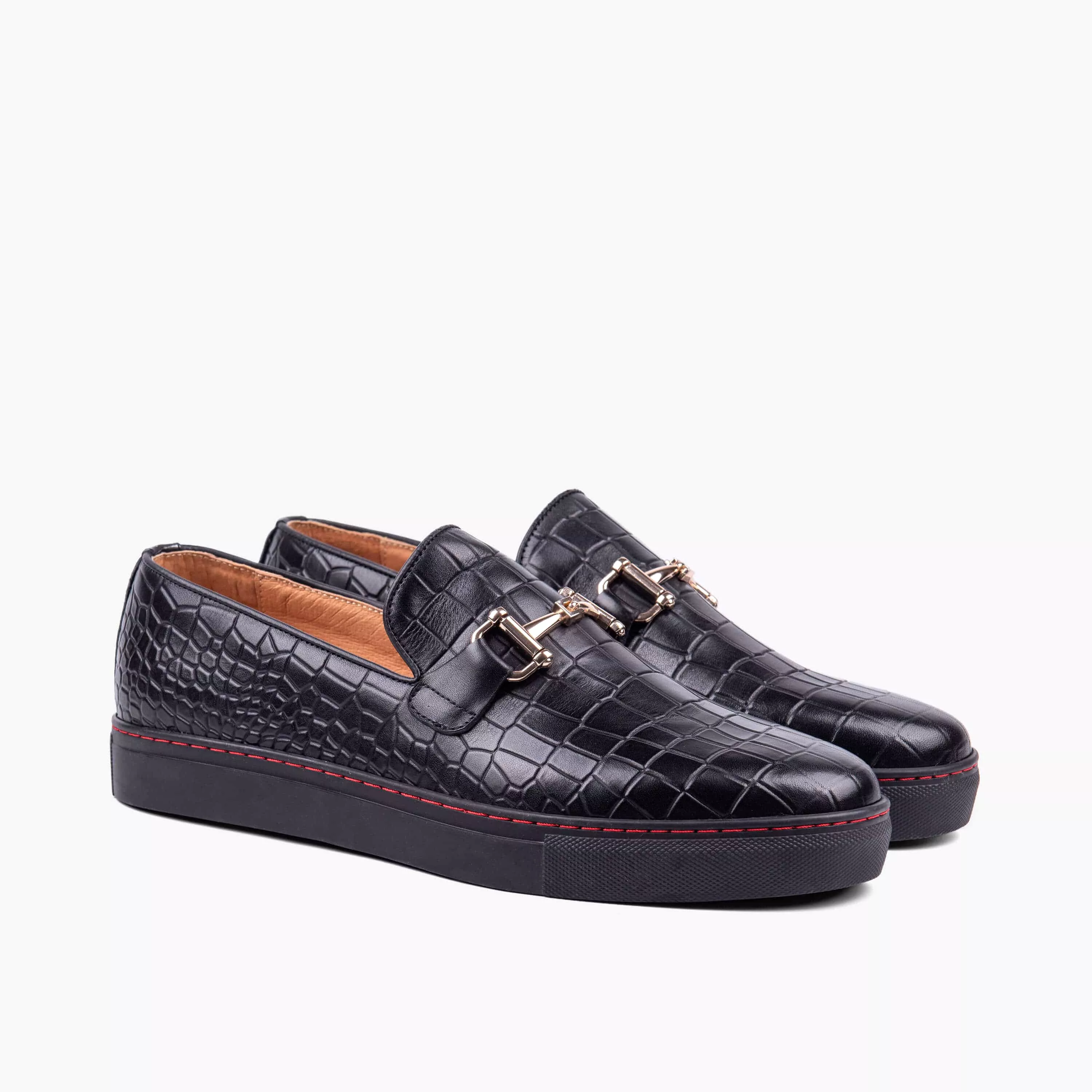 Boardwalk Black Crocskin Leather Horse-Bit Sneakers