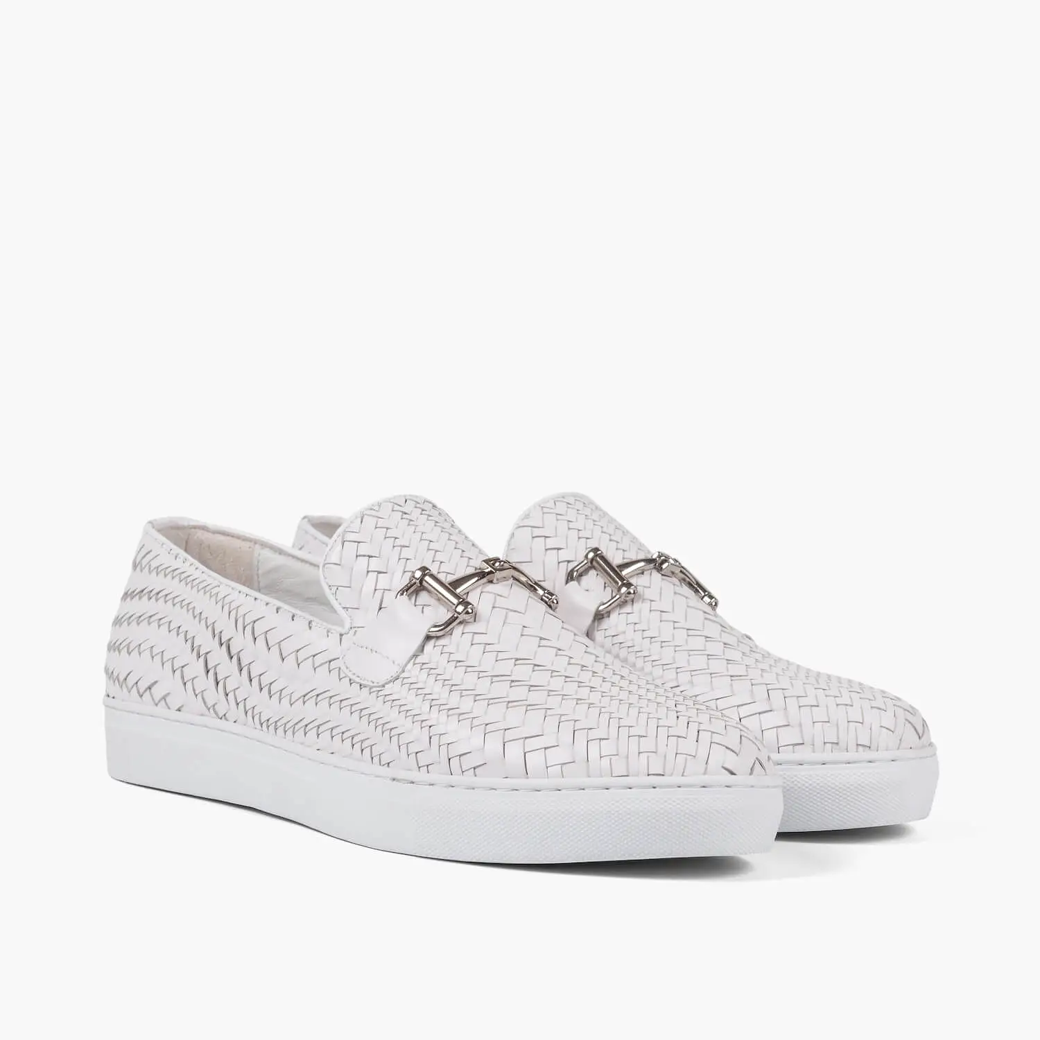 Boardwalk White Woven Leather Horse-Bit Sneakers