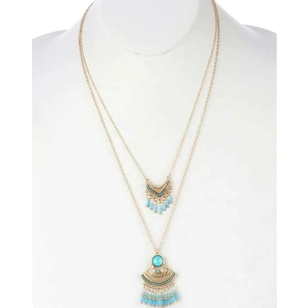 Bohemian Style Turquoise Double Layered Fringe Necklace