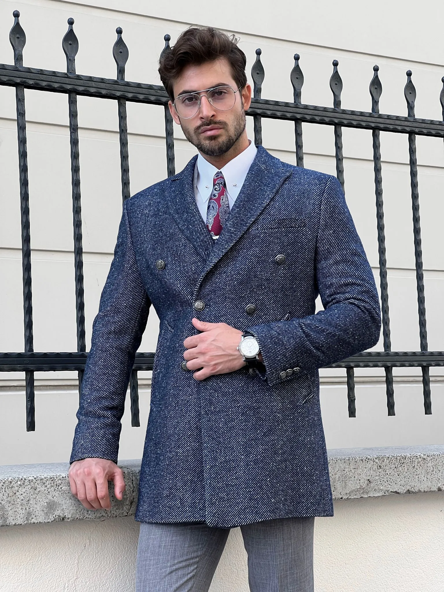 Bojoni Astoria Double Breasted Woolen Marbled Navy Coat