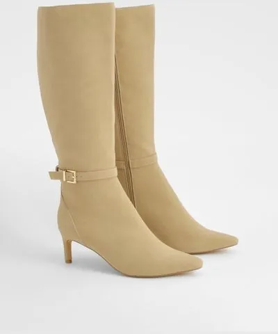 boohoo Womens Low Heel Buckle Detail Pointed Knee High Boots