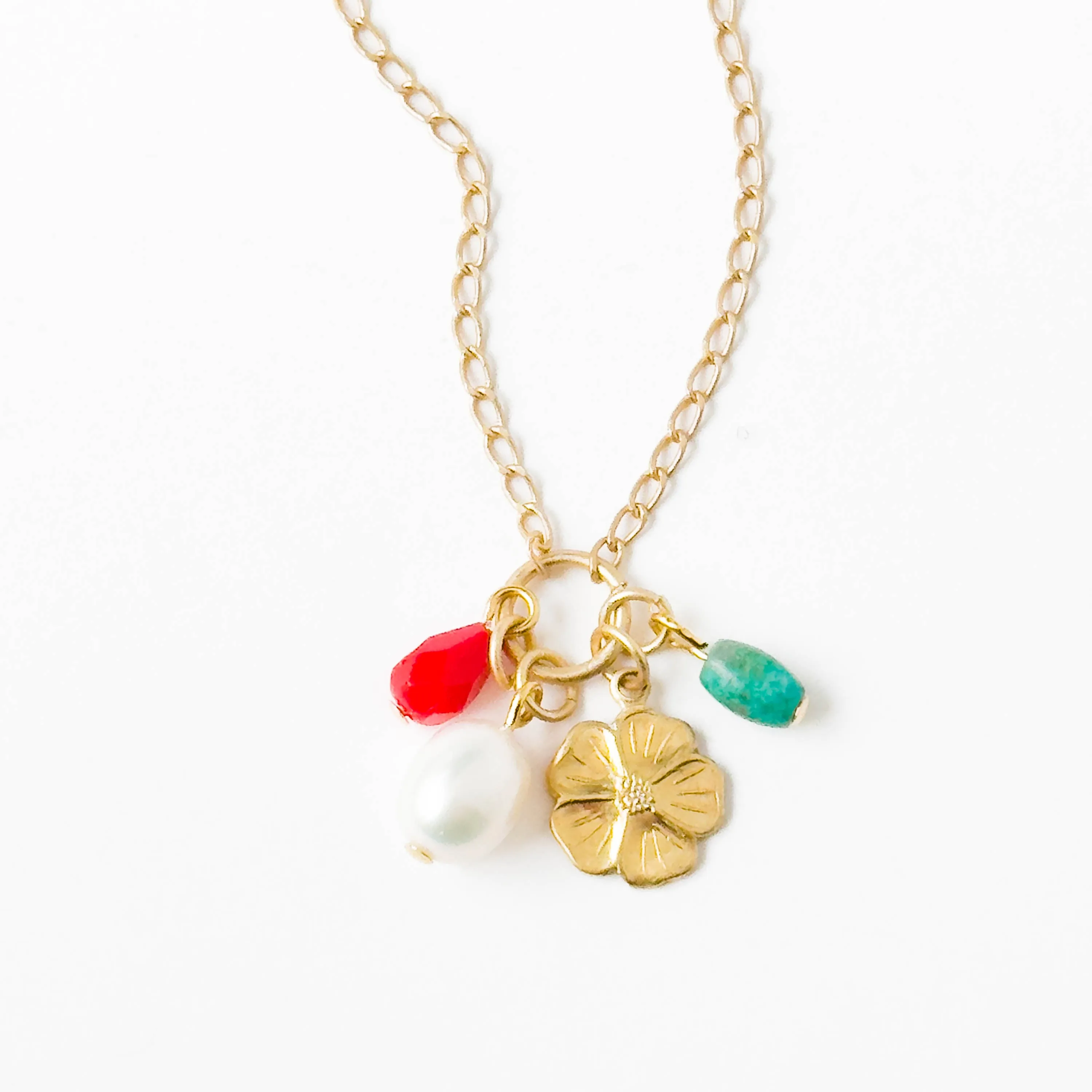 Charm Pendant Necklace with Turquoise Pearl and Flower