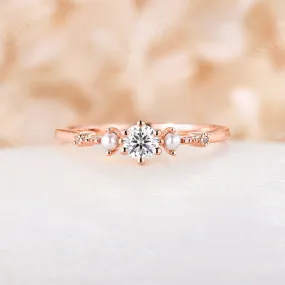 Dainty Moissanite & Pearl Engagement Ring Side Stones