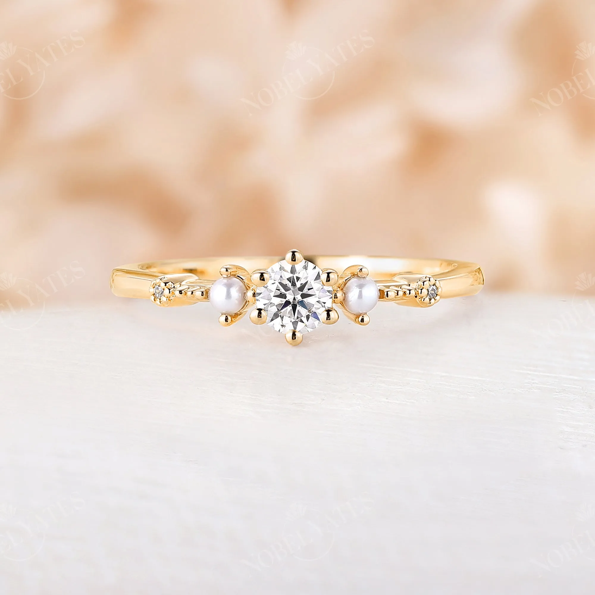 Dainty Moissanite & Pearl Engagement Ring Side Stones