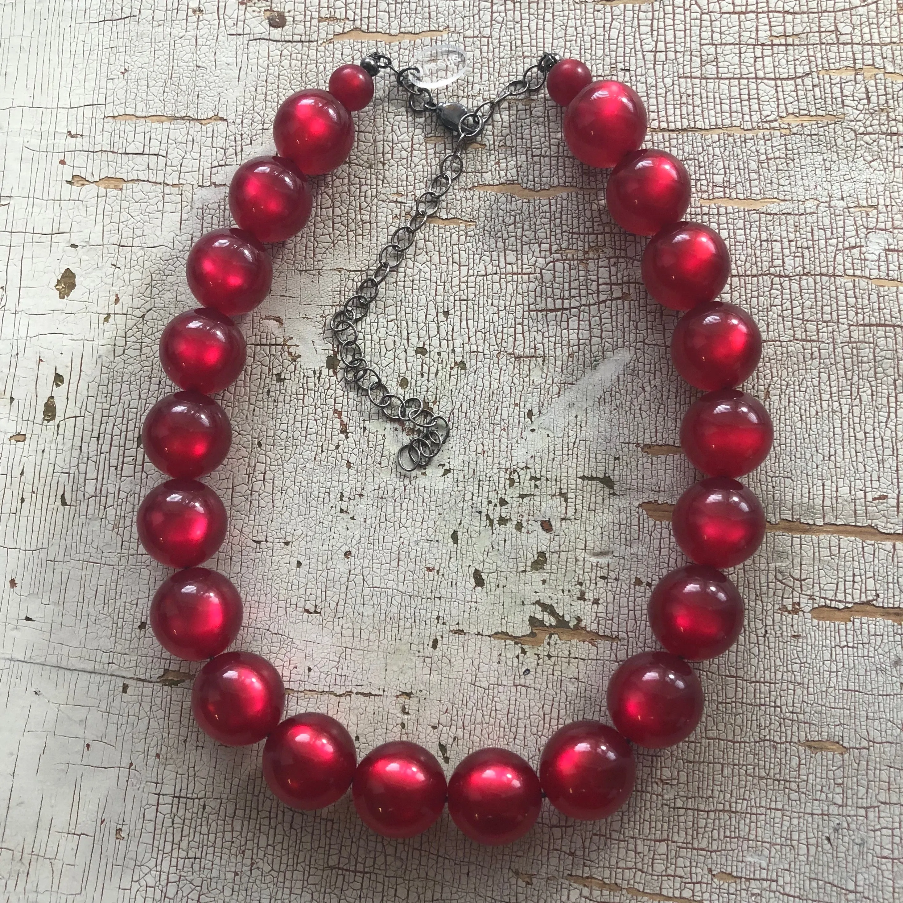 Deep Red Moonglow Vintage Lucite Beaded Marco Necklace *