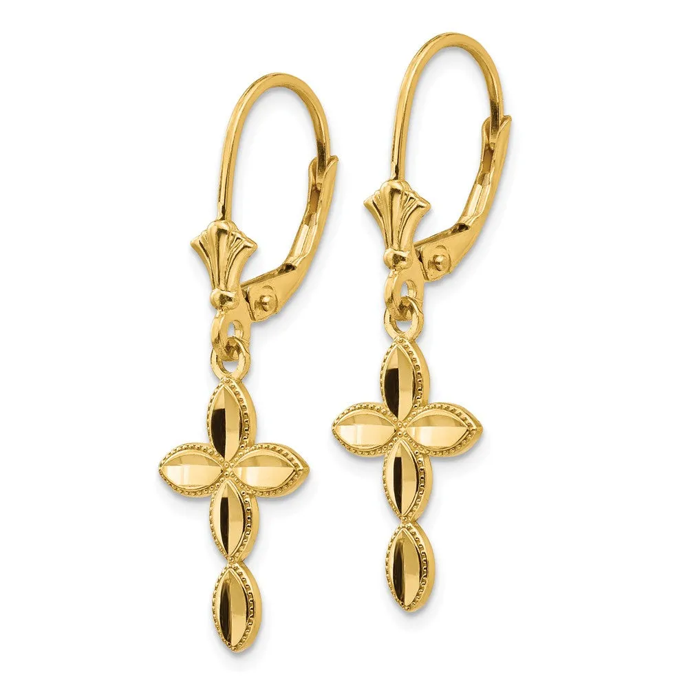 Diamond Cut & Beaded Edge Cross Lever Back Earrings in 14k Yellow Gold